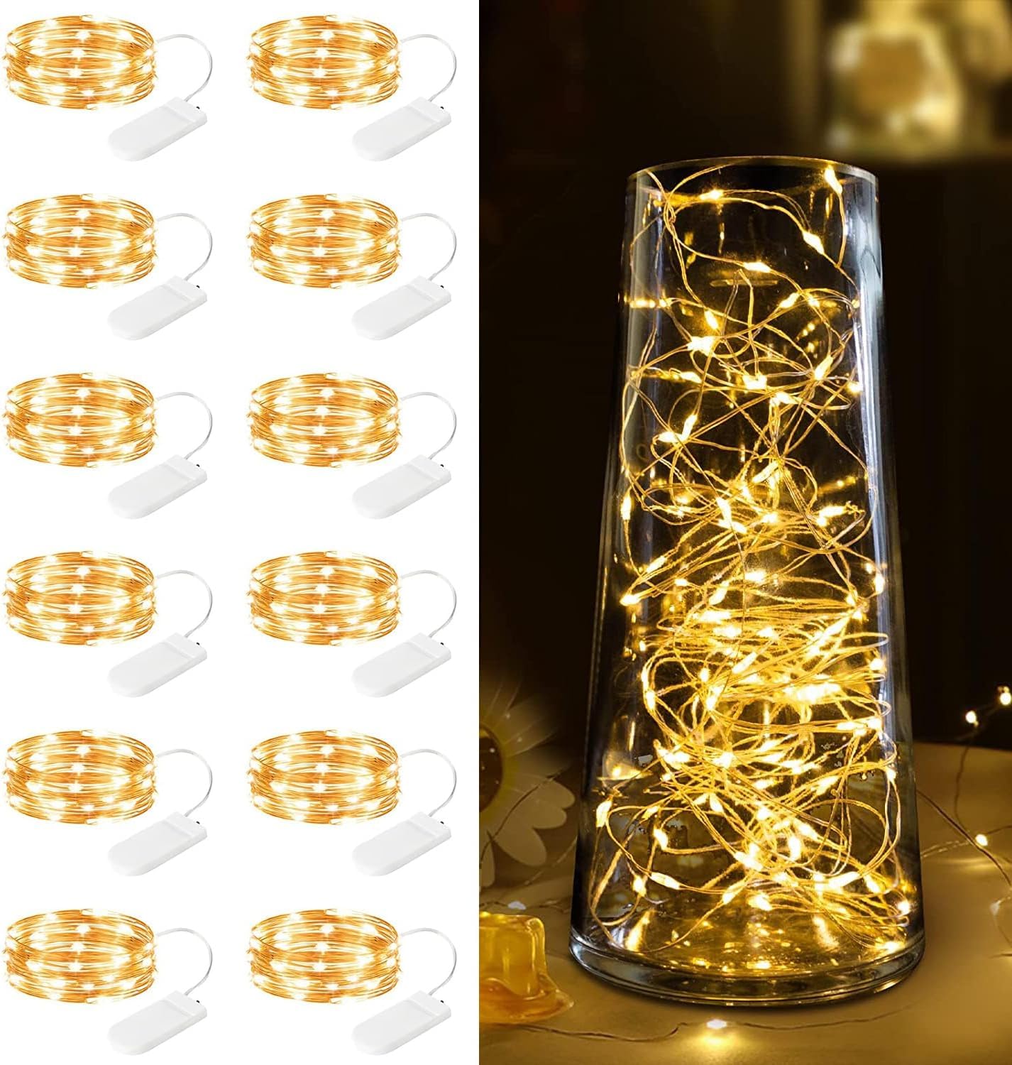 12 Pack LED Fairy Lights Battery Operated - 7ft 20 LED Firefly Silver Wire String Lights for Wedding, Party, Bedroom, Patio, Christmas Decor (Warm White) | Perfect for DIY Home Decor, Garden Lighting, and Holiday Displays