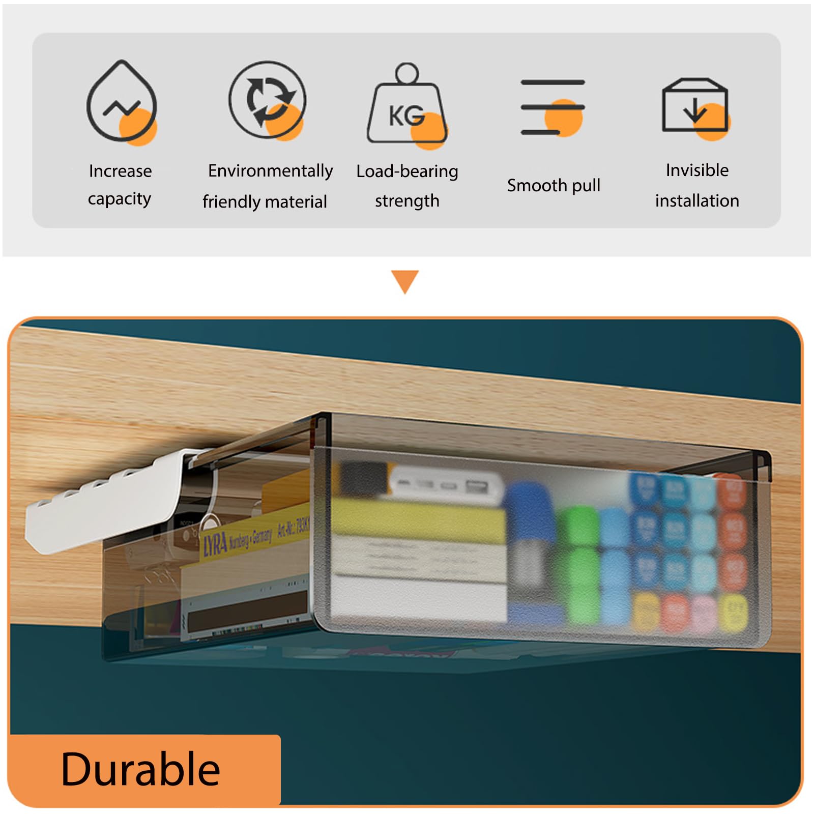 2 Pack Under Desk Drawer Organizer - Slide Out Storage Tray with Self-Adhesive, Hidden Desktop Organizer for Office Supplies, School & Home Essentials (Black) | Perfect for Small Space Organization in Office, Study Room or Kitchen