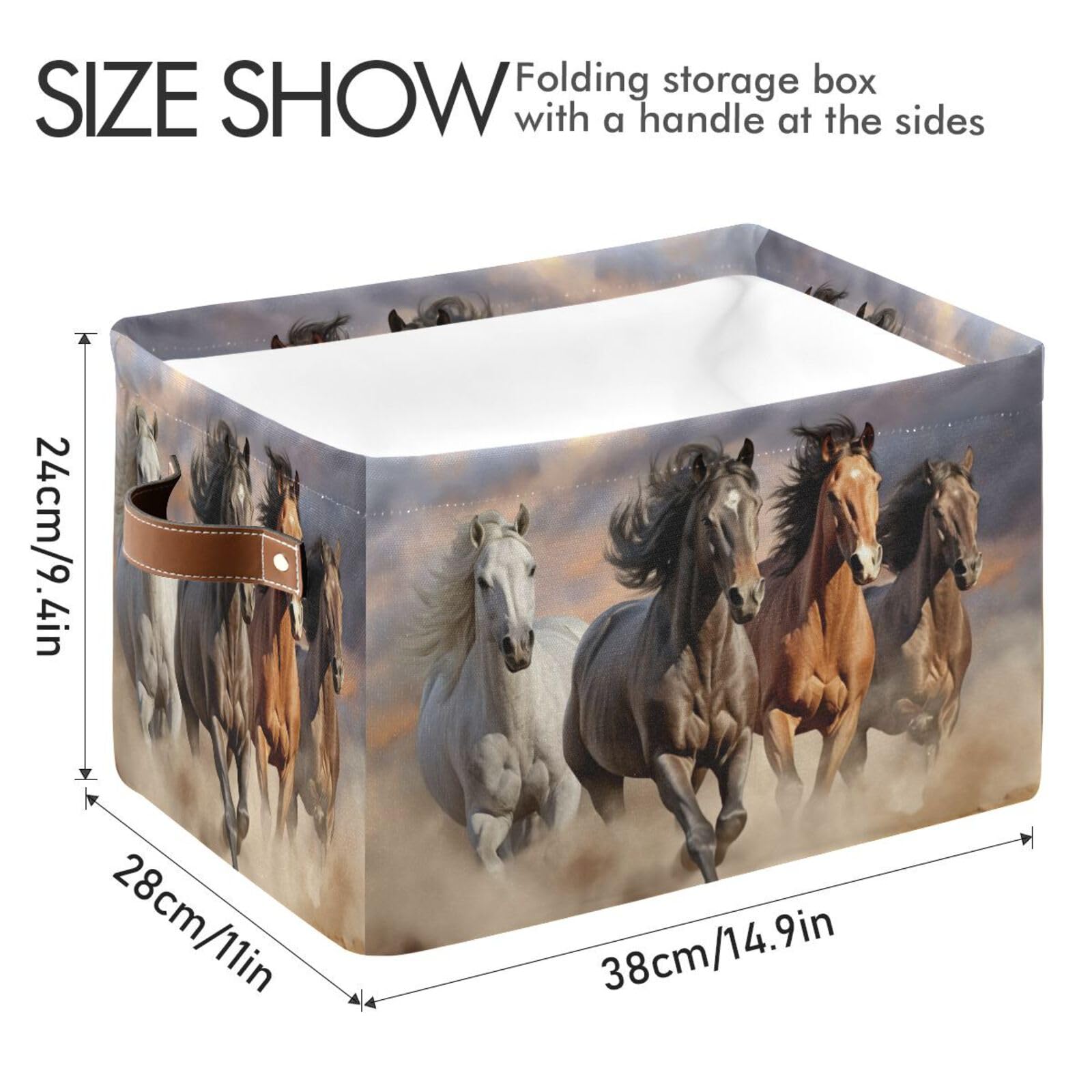 STAYTOP Large Collapsible Storage Basket - Waterproof Toy & Laundry Bin with Handle for Home, Office, Bedroom, Kids Room - Running Horse Design - Rectangle Shape (1 Pack) - Perfect for Organizing Toys, Clothes, and Gifts