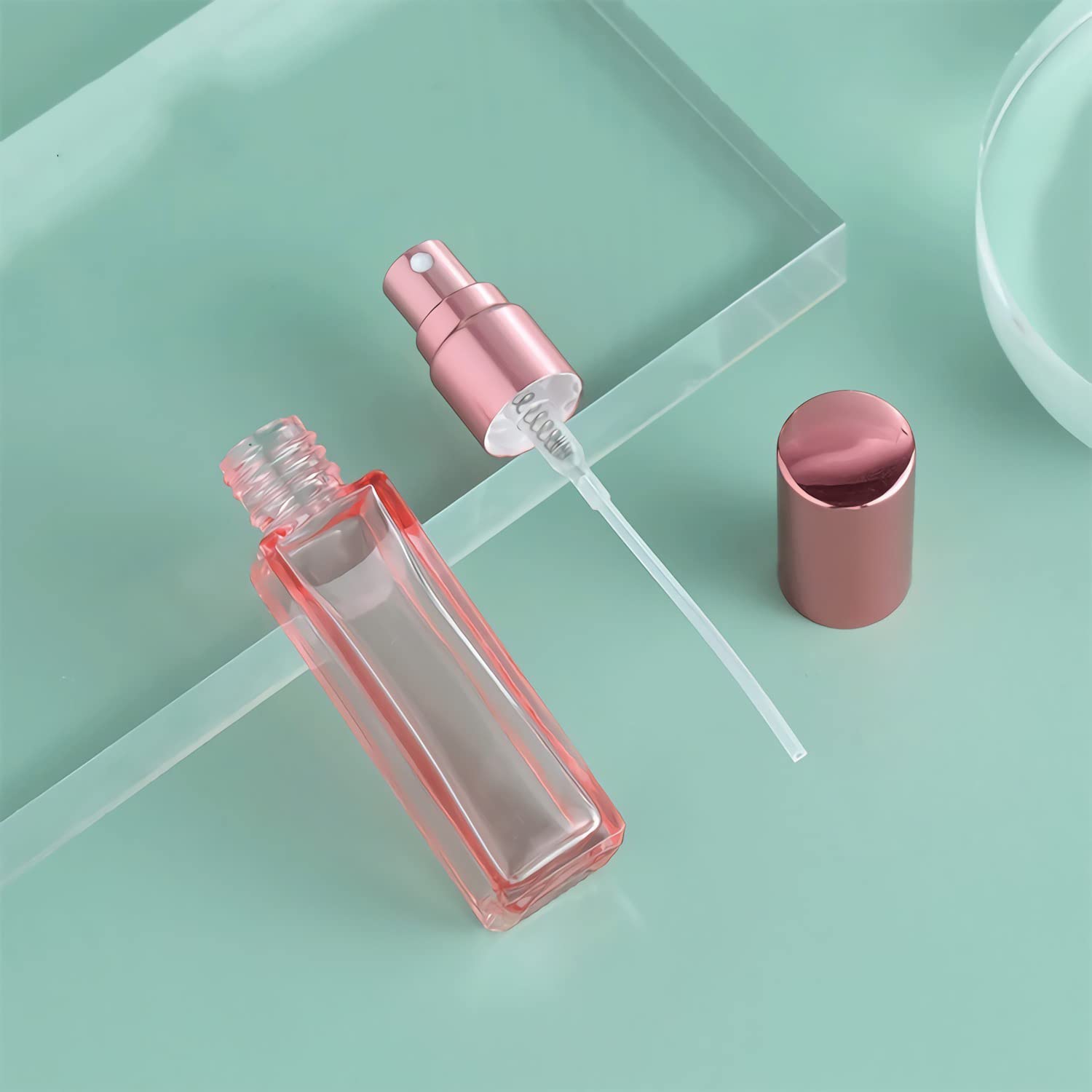4 Pack Pink 30ml Travel Perfume Spray Bottles - Portable Square Glass Atomizer with Pink Lids, Refillable Perfume Container for Women, Perfect for Purse, Gym Bag & Everyday Carry (Fragrance, Essential Oils)