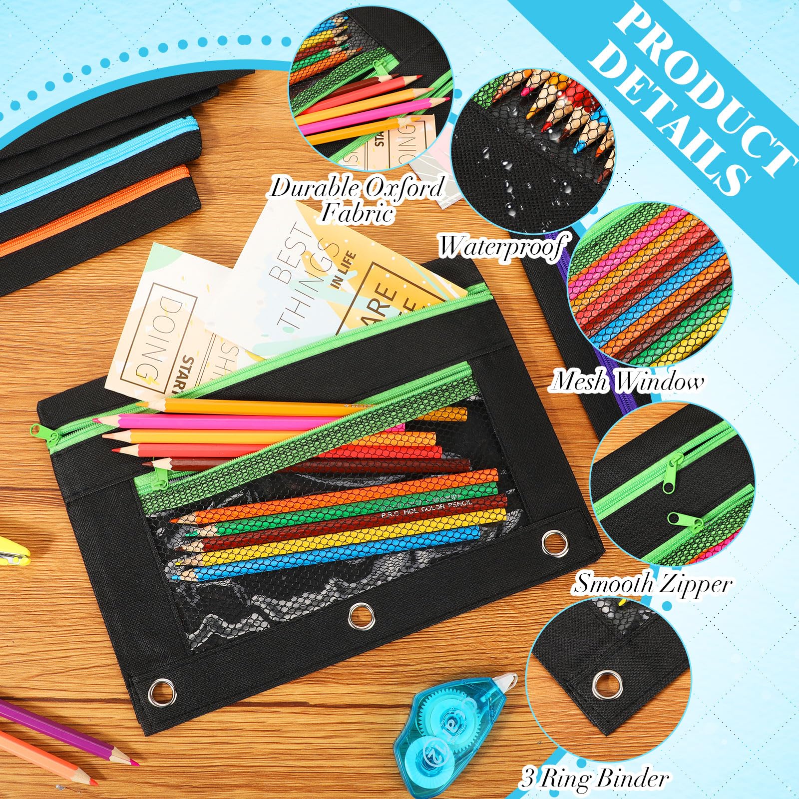 150-Piece Zipper Binder Pencil Pouch Set - 3-Ring Binder Organizer with Clear Window & Dual Zippers - School & Office Supplies for Students (Black) - Perfect for Backpack Organization, Homework Storage & Classroom Essentials