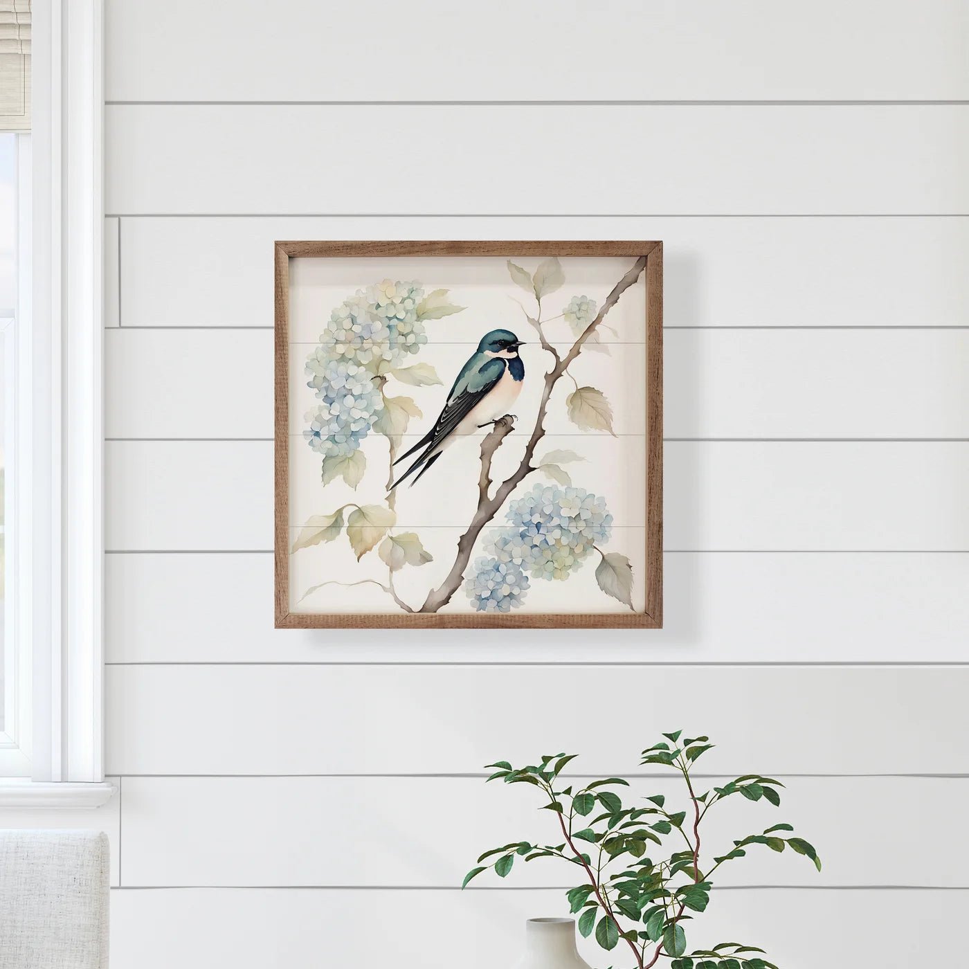 Barn Swallow on Hydrangea Bush - Wood Framed Wall Art Print - Nature Home Decor for Living Room, Bedroom & Office