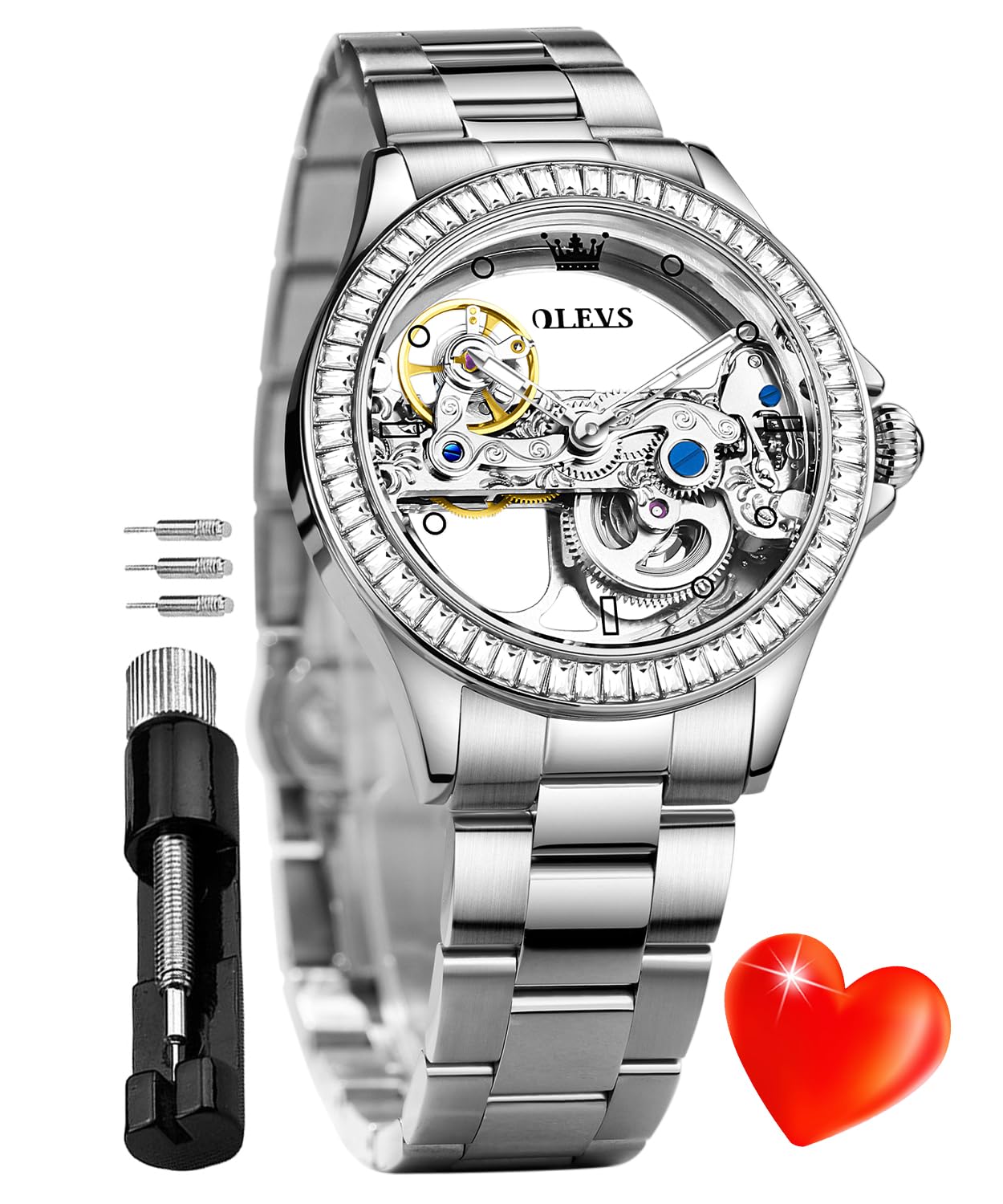 OLEVS Women's Automatic Self-Winding Luxury Watch with Diamond Accents, Rose Gold Ceramic Band & Heart Date Window - Perfect for Formal Events, Date Nights & Special Occasions