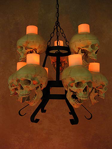 Two-Tiered Skull Metal Chandelier with 9 Skulls & Wax Candles - Gothic Home Decor for Dining Room, Living Room, or Halloween Party Lighting