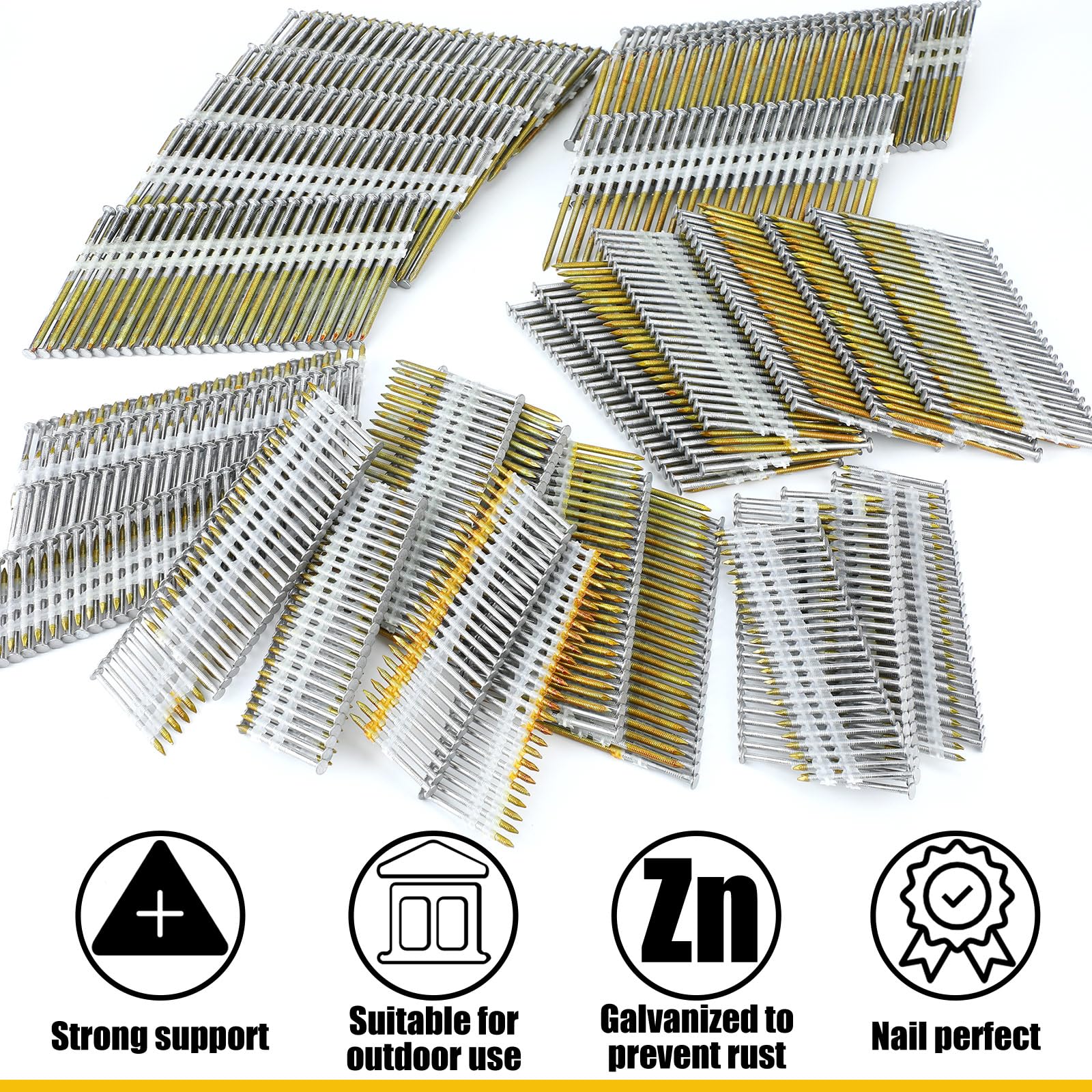 Therwen 1500-Count 21-Degree Galvanized Ring Shank Framing Nails - 2, 3, 3-1/2 Inch Flat D Head Nails for Pressure Treated Lumber - Plastic Row Fixed - Perfect for Roofing, Decking & Fencing Projects
