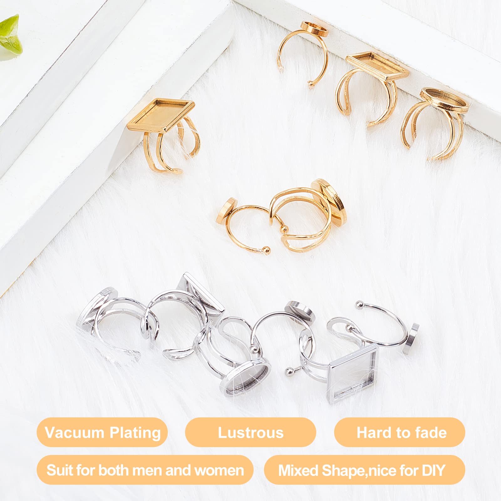 UNICRAFTALE 12Pcs Stainless Steel Ring Blanks - 3 Styles (8mm, 14mm) Round & Square Cuff Pad Ring Settings for DIY Jewelry Making - Gold & Silver Colors - Perfect for Crafting, Wedding Bands, Gift Making & Jewelry Design