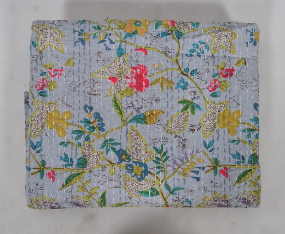 Handmade Indian Kantha Quilt - 100% Cotton Soft Block Print Blanket | Queen Size 90x108 Inch Grey Throw | Bedspread for Bedroom & Home Decor | Perfect for Cozy Nights, Guest Rooms & Boho Chic Interiors