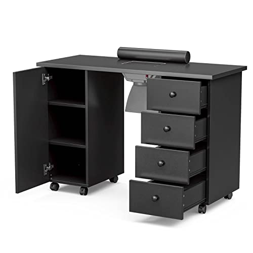 Professional Nail Tech Table with Dust Collector - Portable Manicure Station with Wrist Cushion, Lockable Wheels & Storage Drawers - Perfect for Salon, Spa & Home Nail Art Studio (Black)