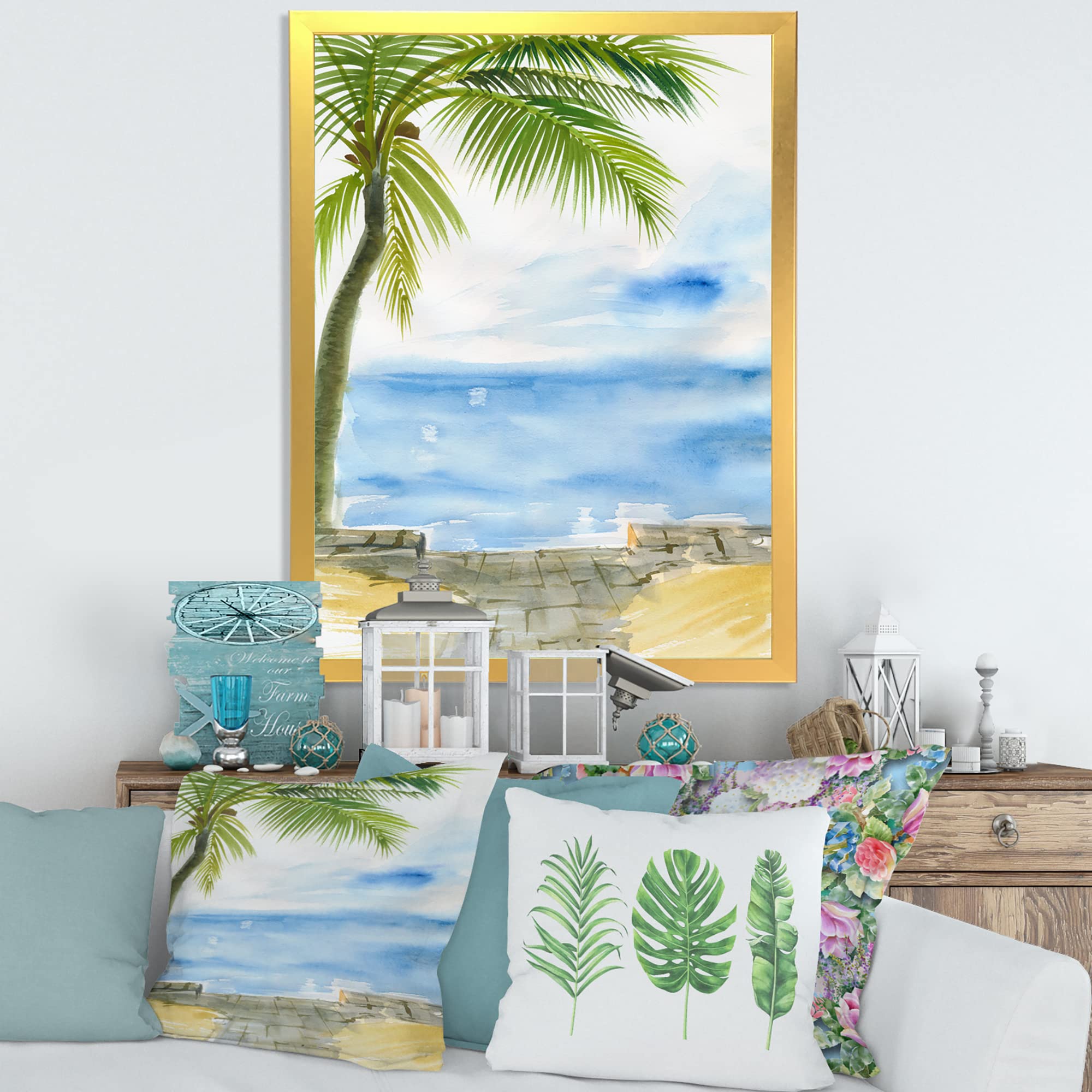 Palm Beach Resort At Dawn II Nautical & Coastal Framed Wall Art - Beach House Decor, Ocean Themed Living Room Painting, Perfect for Coastal Home & Vacation Rental Decor