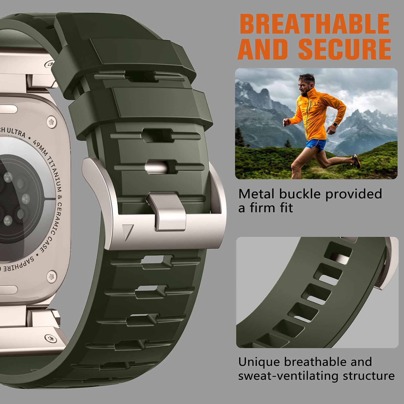 Bandletic Soft Rugged Sport Band Compatible with Apple Watch Ultra 2/Ultra - Durable Replacement Strap for iWatch Ultra 2 49mm (Army Green) - Perfect for Outdoor Activities, Workouts & Adventure Enthusiasts