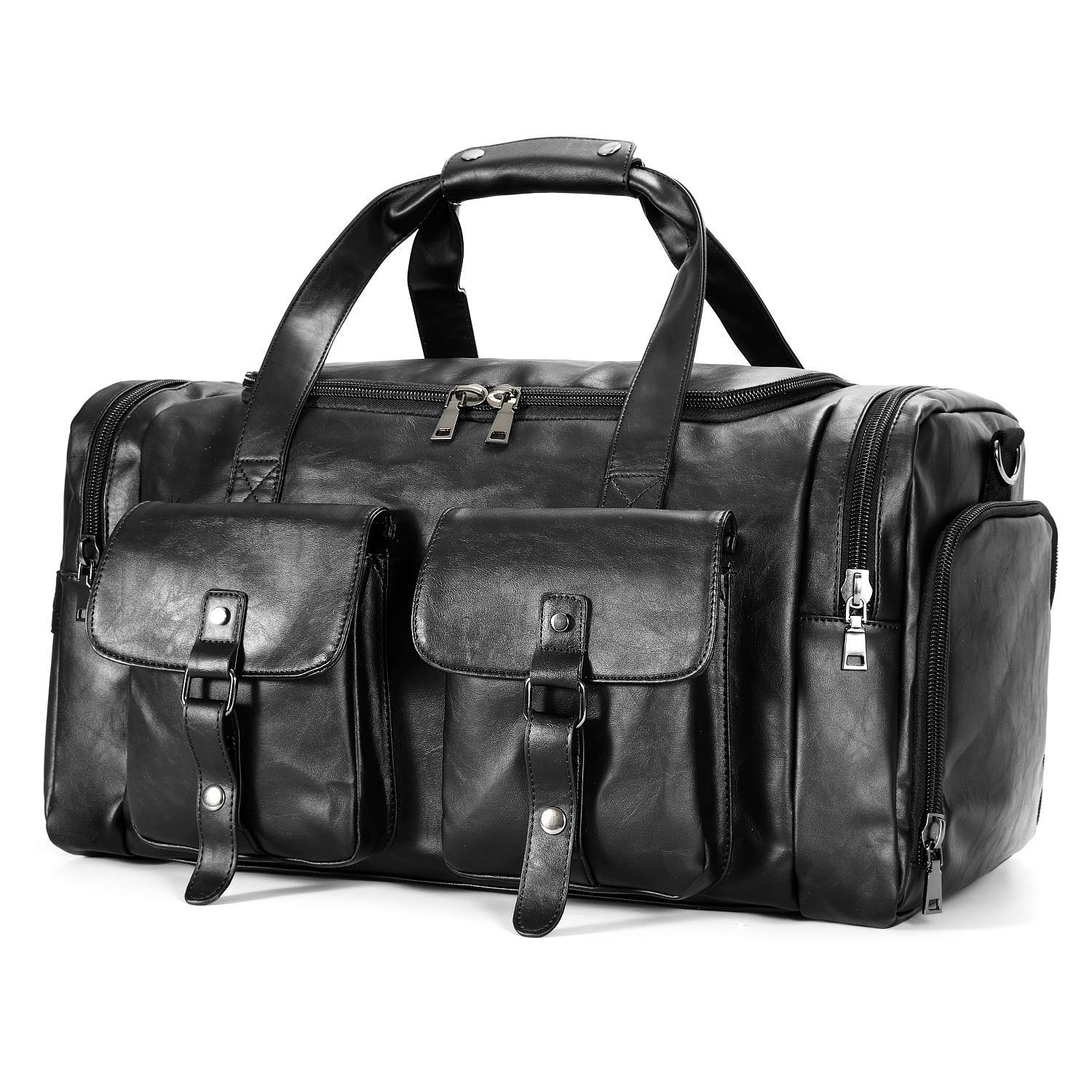 Premium PU Leather Travel Duffel Bag with Detachable Shoe Compartment - Lightweight Carry-On Weekender Overnight Bag for Men & Women (Black) - Perfect for Gym, Business Trips & Weekend Getaways
