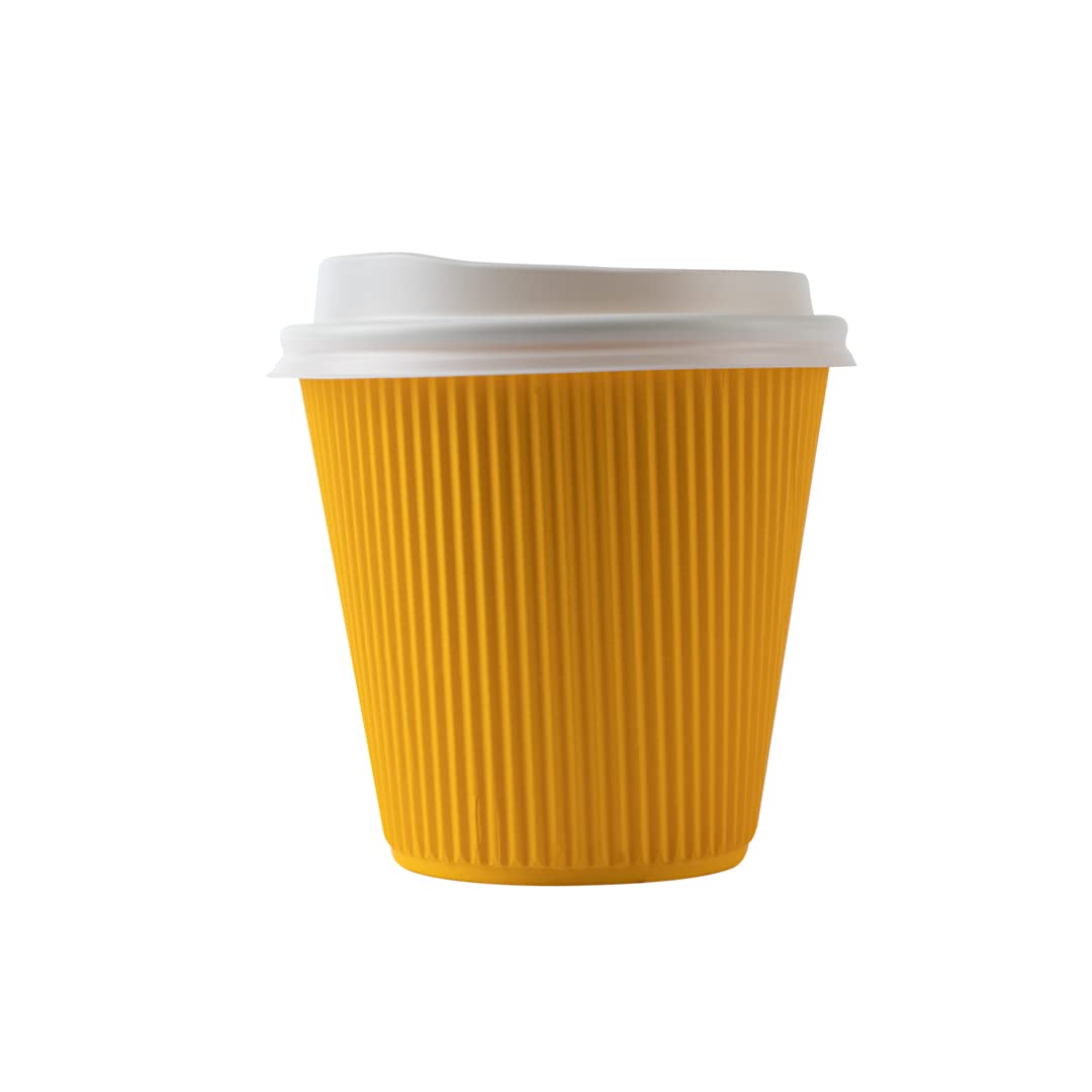 8oz Insulated Coffee Cups with Lids (20 Pack) - Leakproof & Non-Slip Yellow Disposable Paper Cups for Hot Beverages - Perfect for Coffee, Tea, Hot Cocoa & Lattes at Cafes, Offices or Home Use