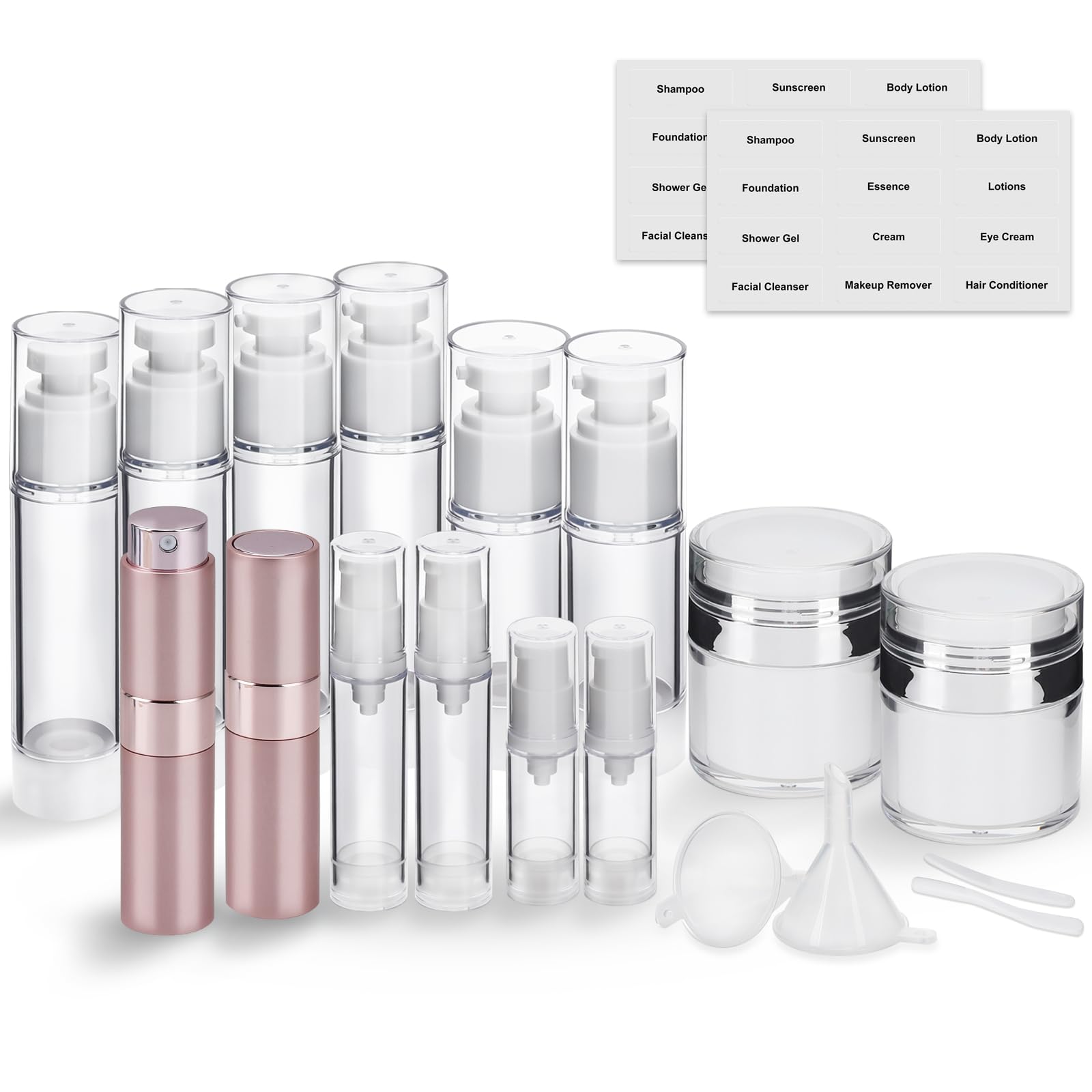 20 Pack Airless Pump Bottles & Perfume Spray Bottles Set - Leak Proof Travel Cosmetic Containers for Shampoo, Conditioner, Lotion, Body Wash, Cream, Essential Oils - Perfect for Home, Travel & Salon Use (Pink)