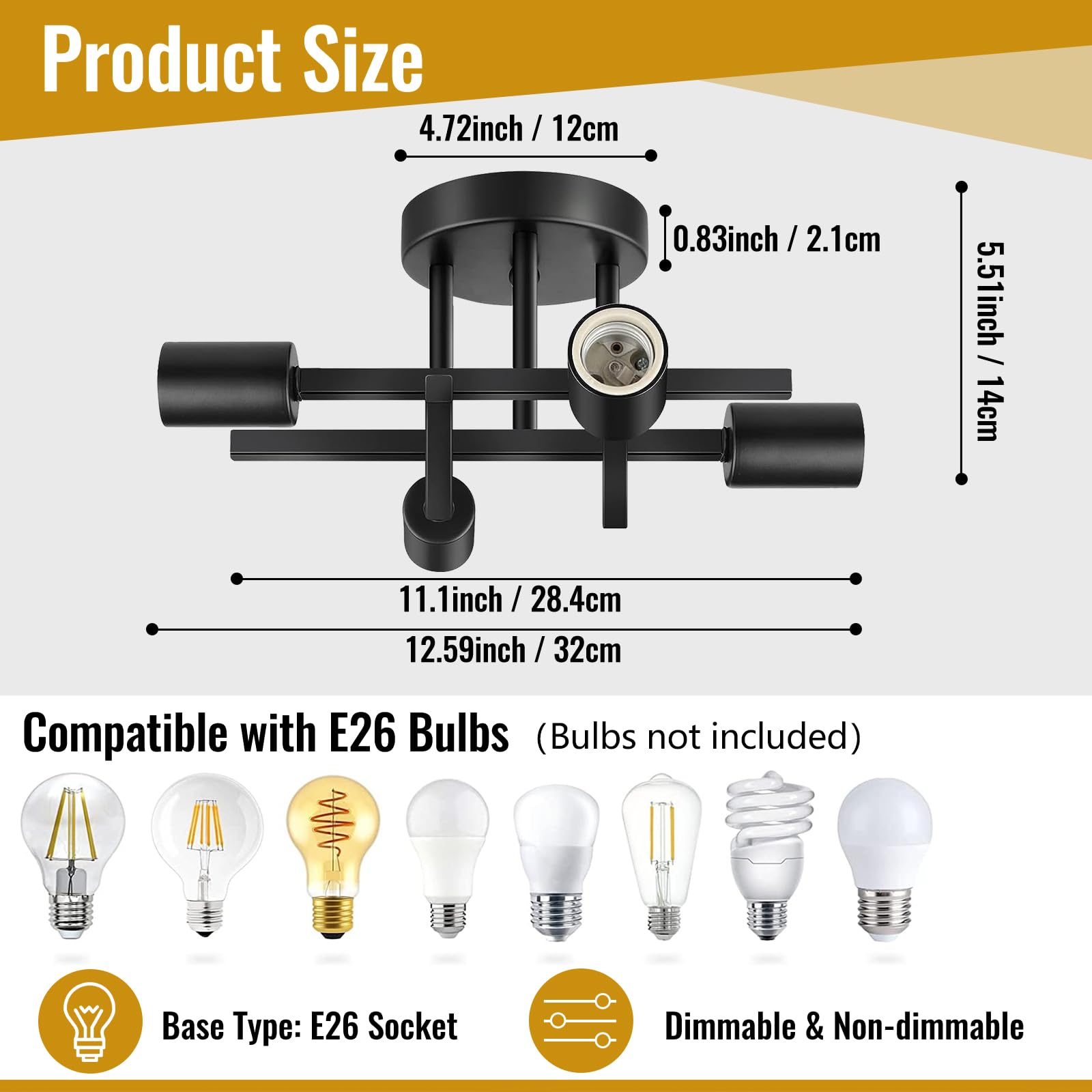 4-Light Modern Ceiling Light Fixture - Black Sputnik Chandelier with Stable Structure, Semi Flush Mount for Dining Room & Kitchen, E26 Base | Perfect for Modern Home Decor, Restaurant Lighting & Office Spaces