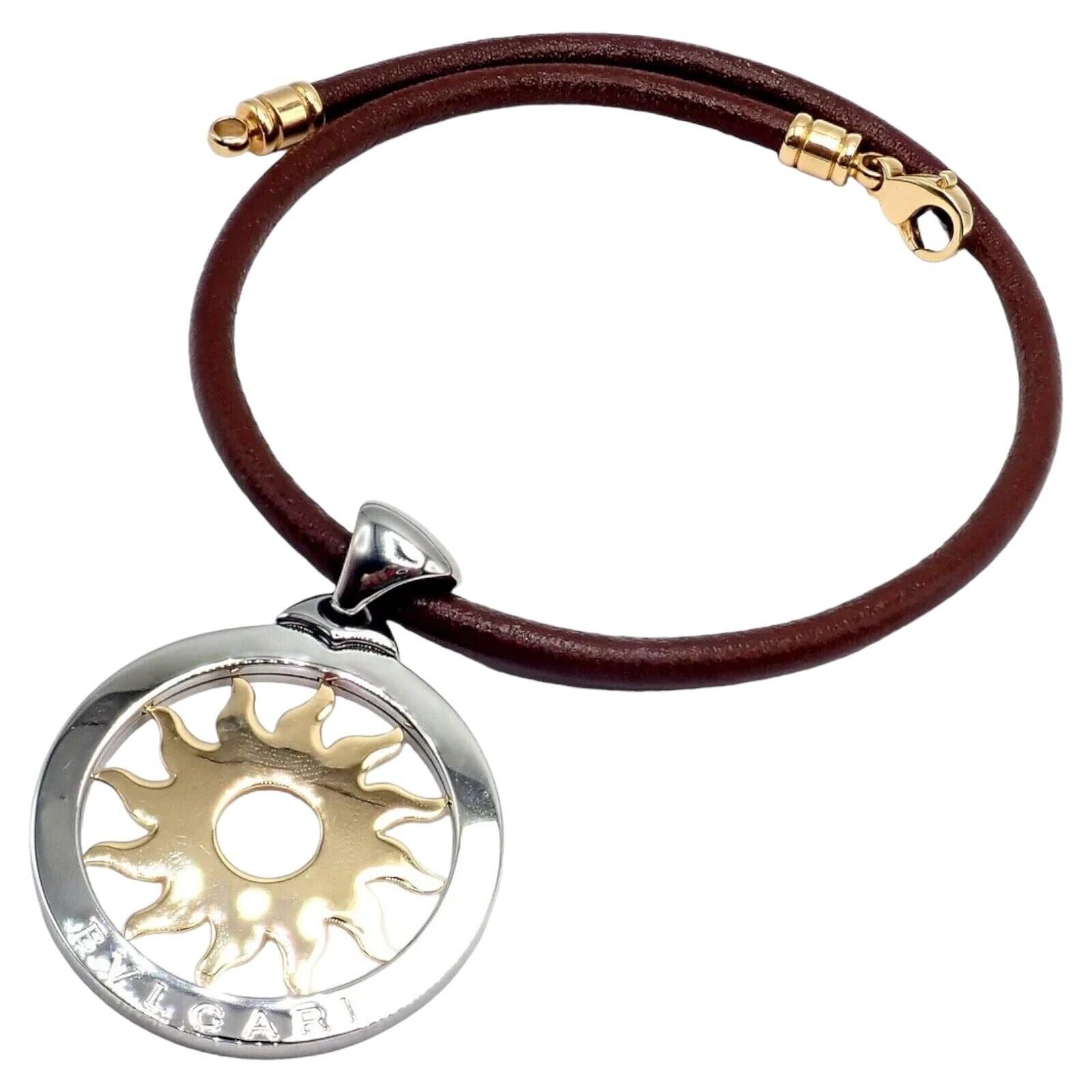 Bulgari Tondo Sun 18k Gold & Steel Extra Large Pendant Necklace with Brown Leather Strap - Luxury Jewelry for Women, Perfect for Parties & Special Occasions