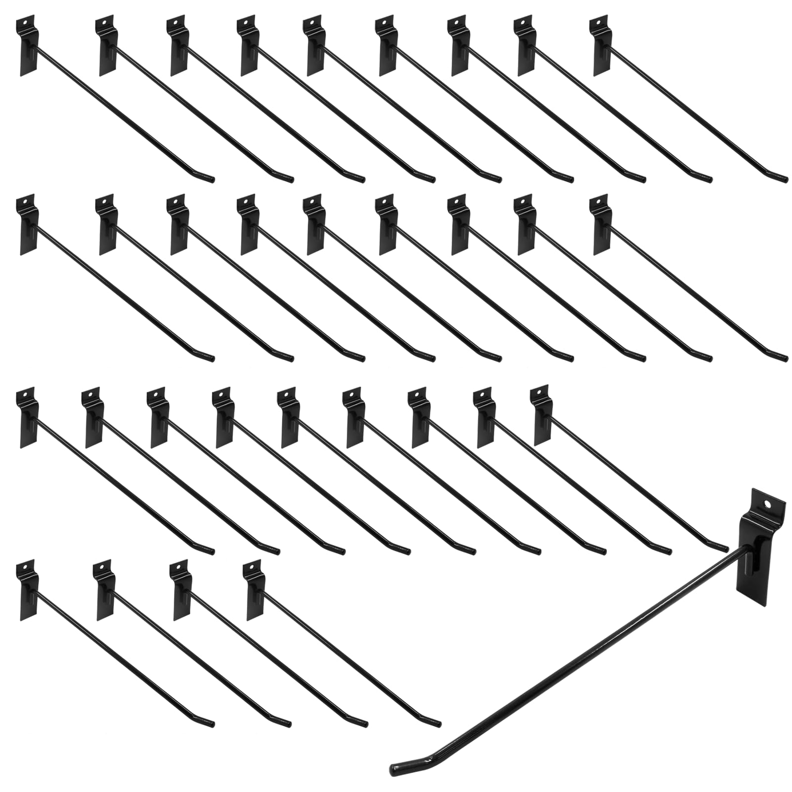 Waziaqoc 32PCS 10-Inch Heavy Duty Black Metal Slatwall Hooks for Display Panels - Durable Pegboard Gridwall Hooks for Garage, Shop, Retail & Home Organization