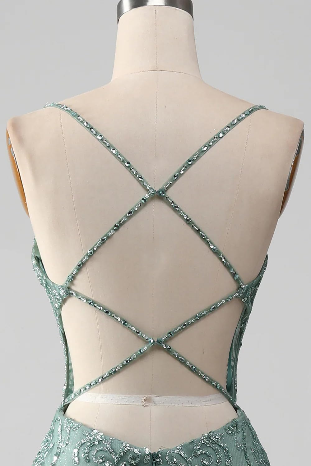 Sexy Spaghetti Straps Prom Dress | V-Neck Sheath Evening Gown in Grey Green with Beading | Handmade Custom Formal Party Dress for Prom, Homecoming, Cocktail Events & Special Occasions