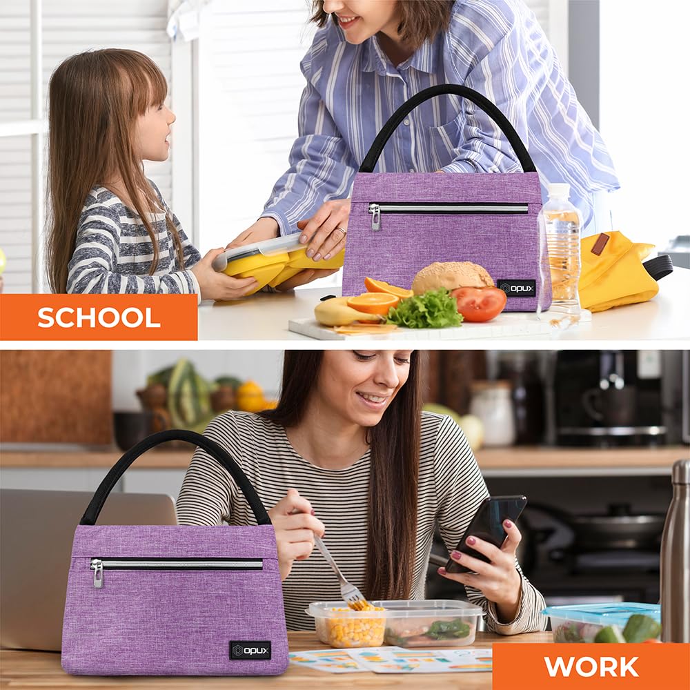 OPUX Insulated Lunch Bag for Women & Girls - Reusable Cooler Tote for Work, School, Travel & Picnic - Fits 11 Cans - Heather Purple - Perfect for Office Lunches, School Meals & Outdoor Activities