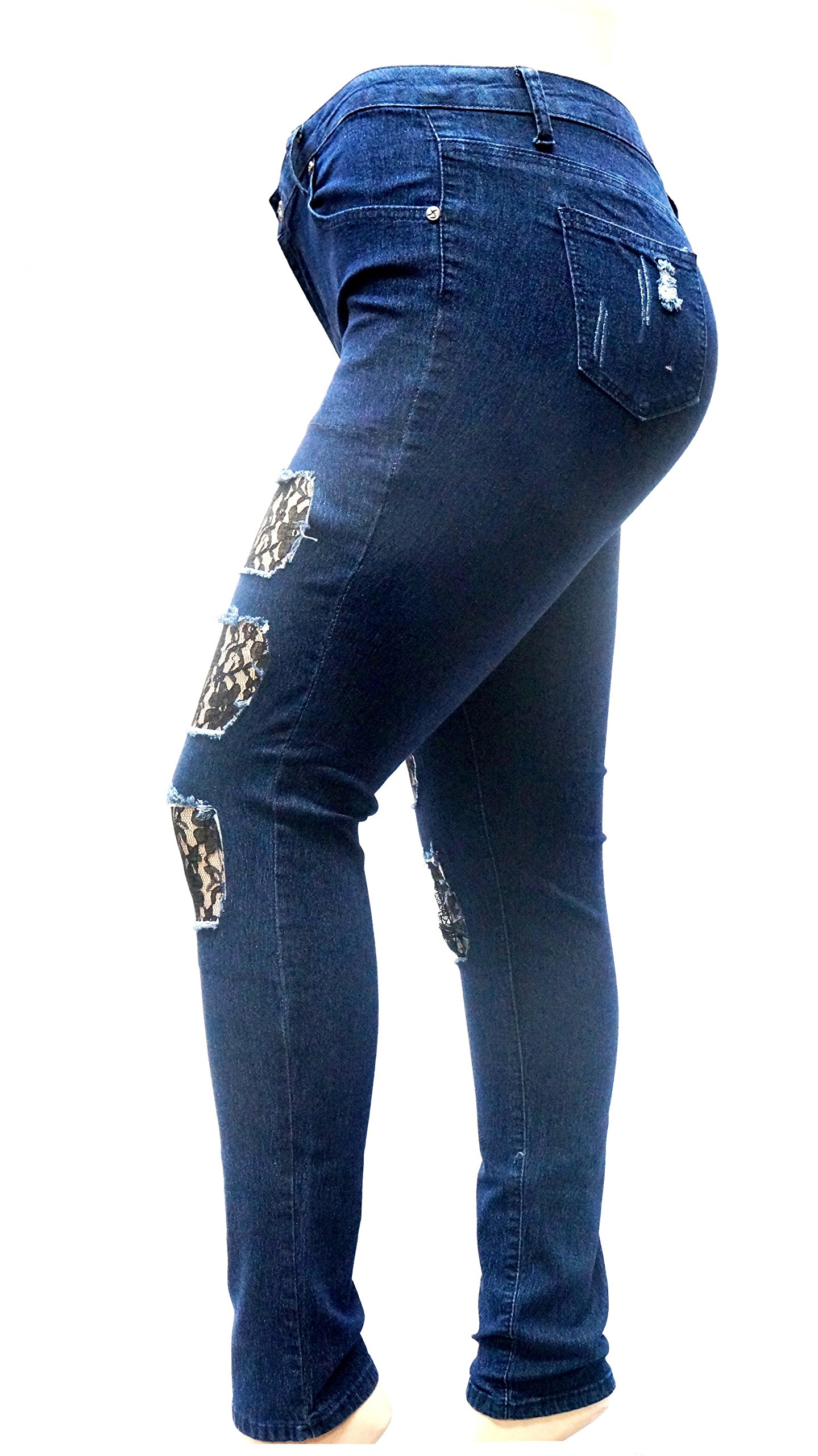 Plus Size Women's Fishnet Distressed Skinny Jeans - Stretch Denim Pants in DRK Blue for Casual Wear & Night Out