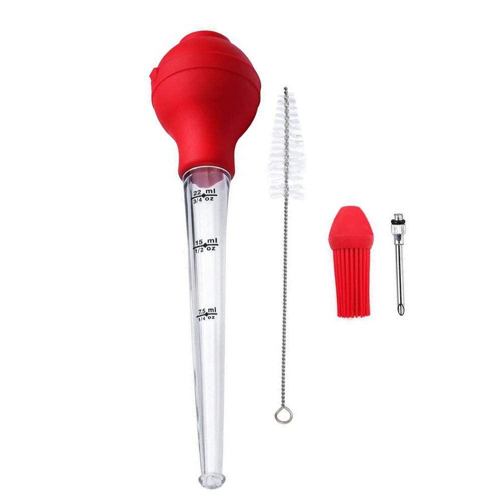 Silicone Oil Dropper & Turkey Baster Set - Kitchen BBQ Tool for Home & Restaurant Use with Cleaning Brush (Red)