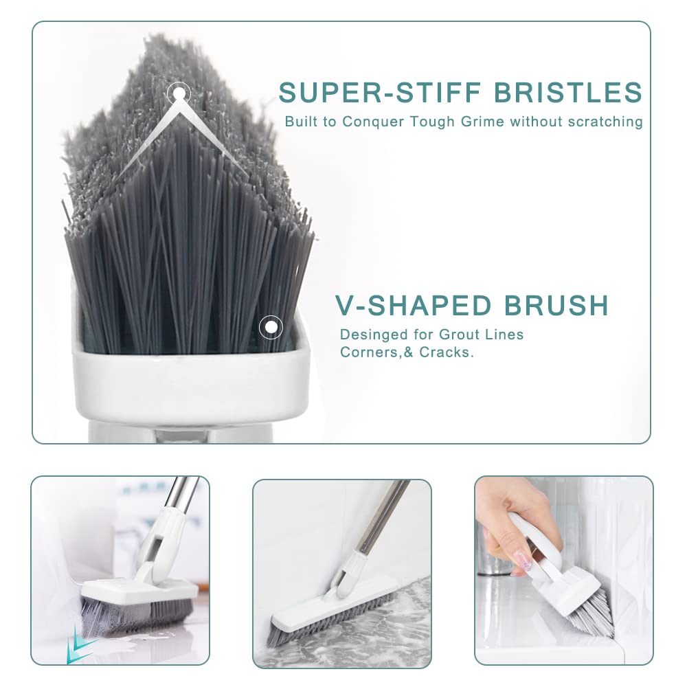 Affogato Long Handle Floor Scrub Brush - 46.8 Inch Rotatable Bathroom & Kitchen Cleaning Tool for Tile, Grout, Bathtub, Shower and Hard-to-Reach Areas - Perfect for Deep Cleaning Corners, Crevices and Tight Spaces (White)