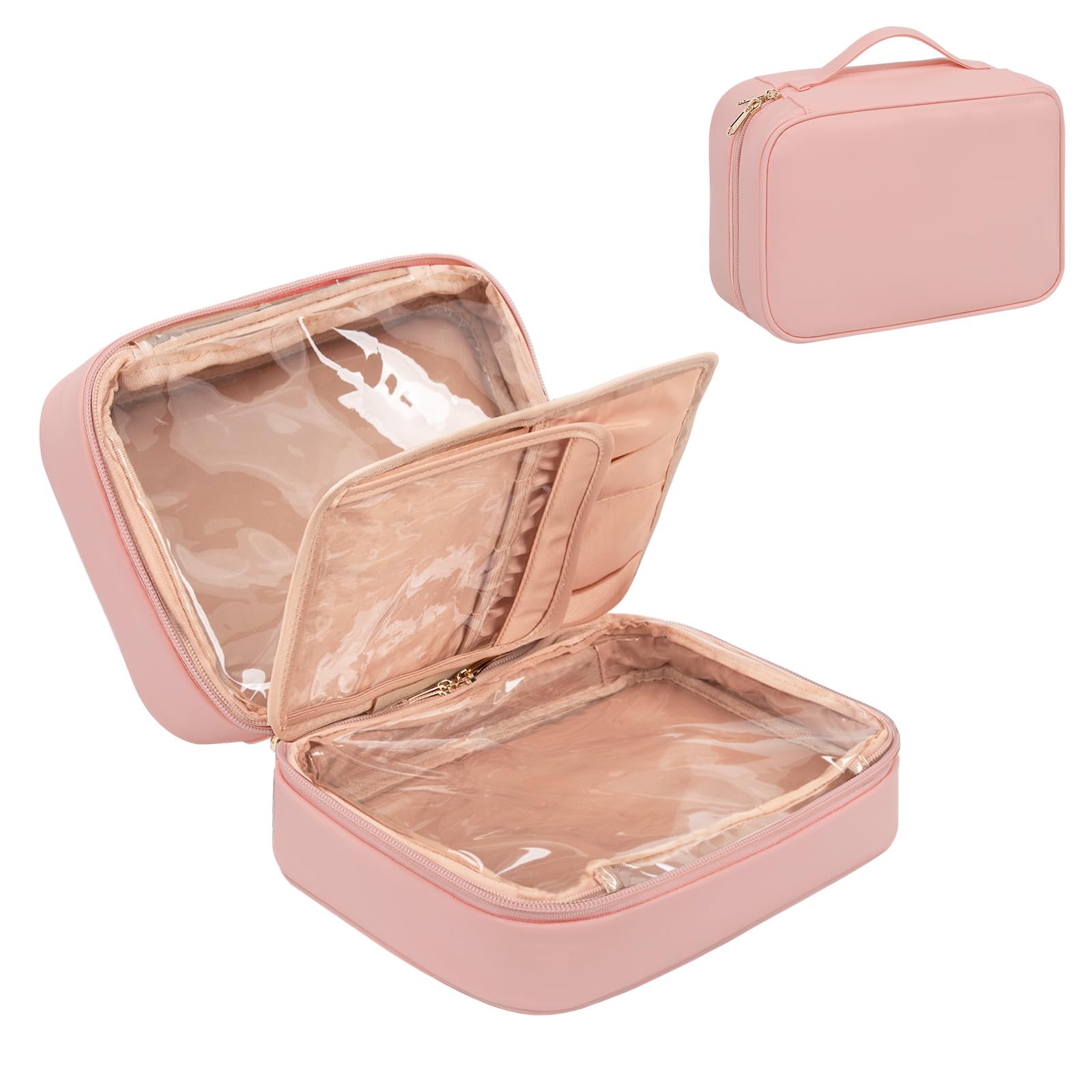 OCHEAL Large Waterproof Makeup Travel Bag with Brush Compartment & Handle - Pink Cosmetic Organizer for Women & Girls | Perfect for Travel, Gym, and Daily Toiletry Storage