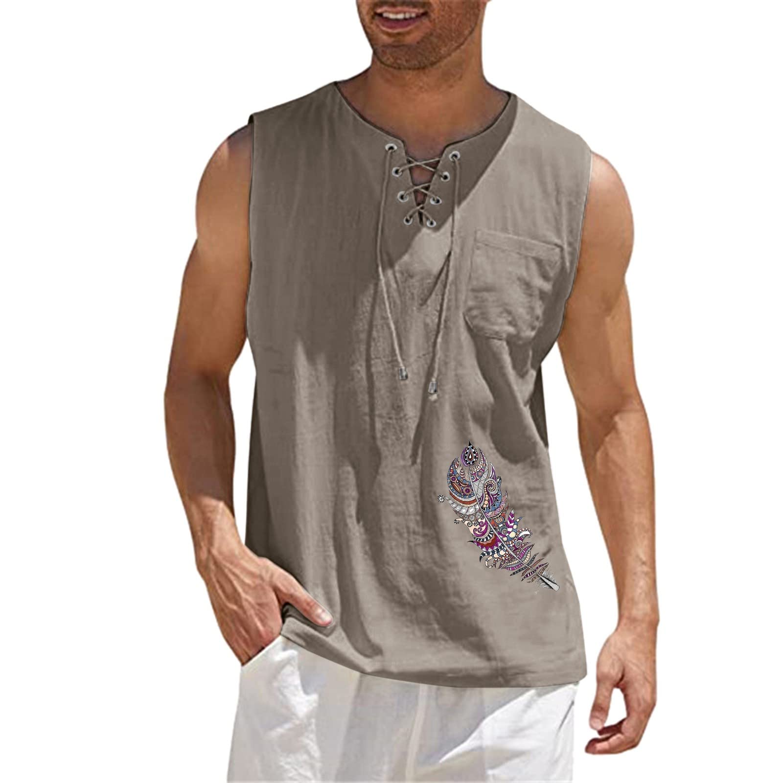 Men's Linen Cotton Sleeveless V-Neck Tank Top - Breathable Summer Casual T-Shirt with Pockets for Beach, Gym & Outdoor Activities | Hippie Style Lace-Up Muscle Tee