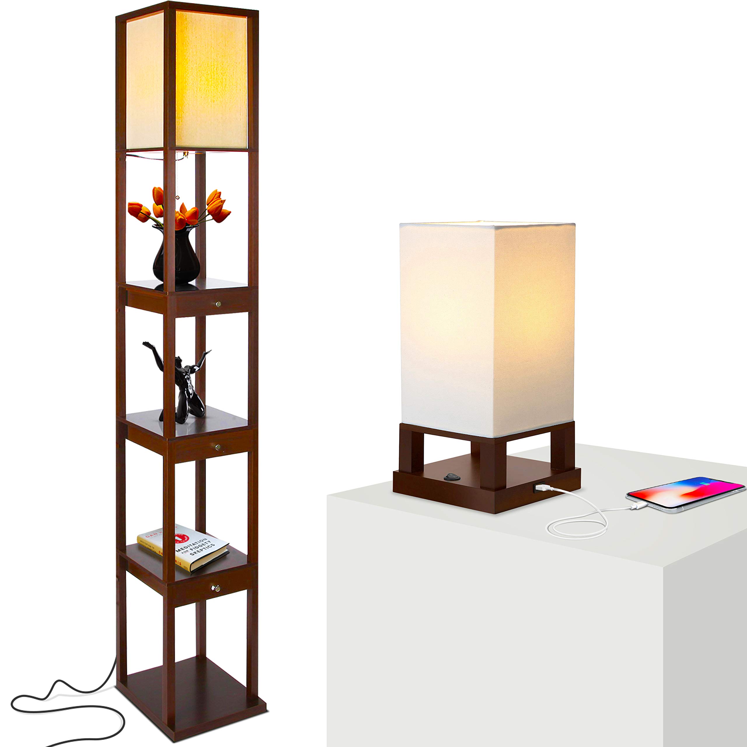 Brightech Maxwell Modern LED Floor & Table Lamp Set of 2 with USB Port & Storage Drawers - Wood Frame Bedside Lamp with Soft Ambient Lighting - Perfect for Bedroom Nightstand & Living Room Accent Lighting - Home Office Reading Lamp with Convenient USB Charging