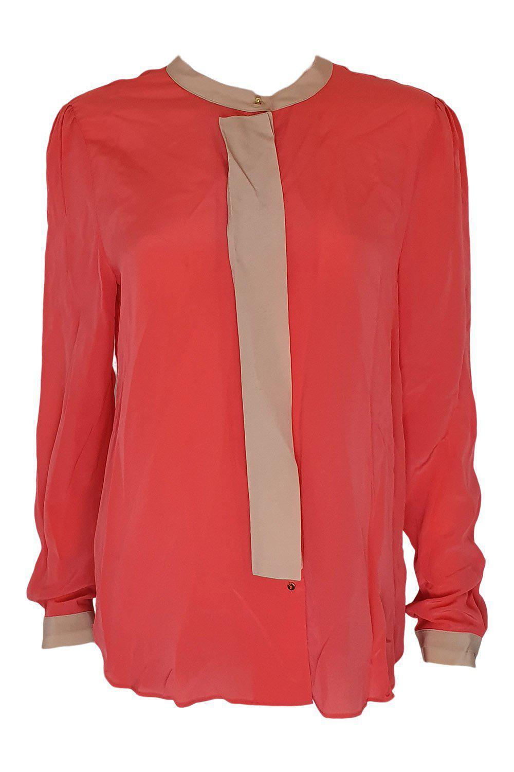 DAY BIRGER E MIKKELSEN Orange & Tan Contrast Trim Silk Blouse Size 40 | Women's Luxury Silk Shirt for Office, Cocktail Parties & Special Occasions