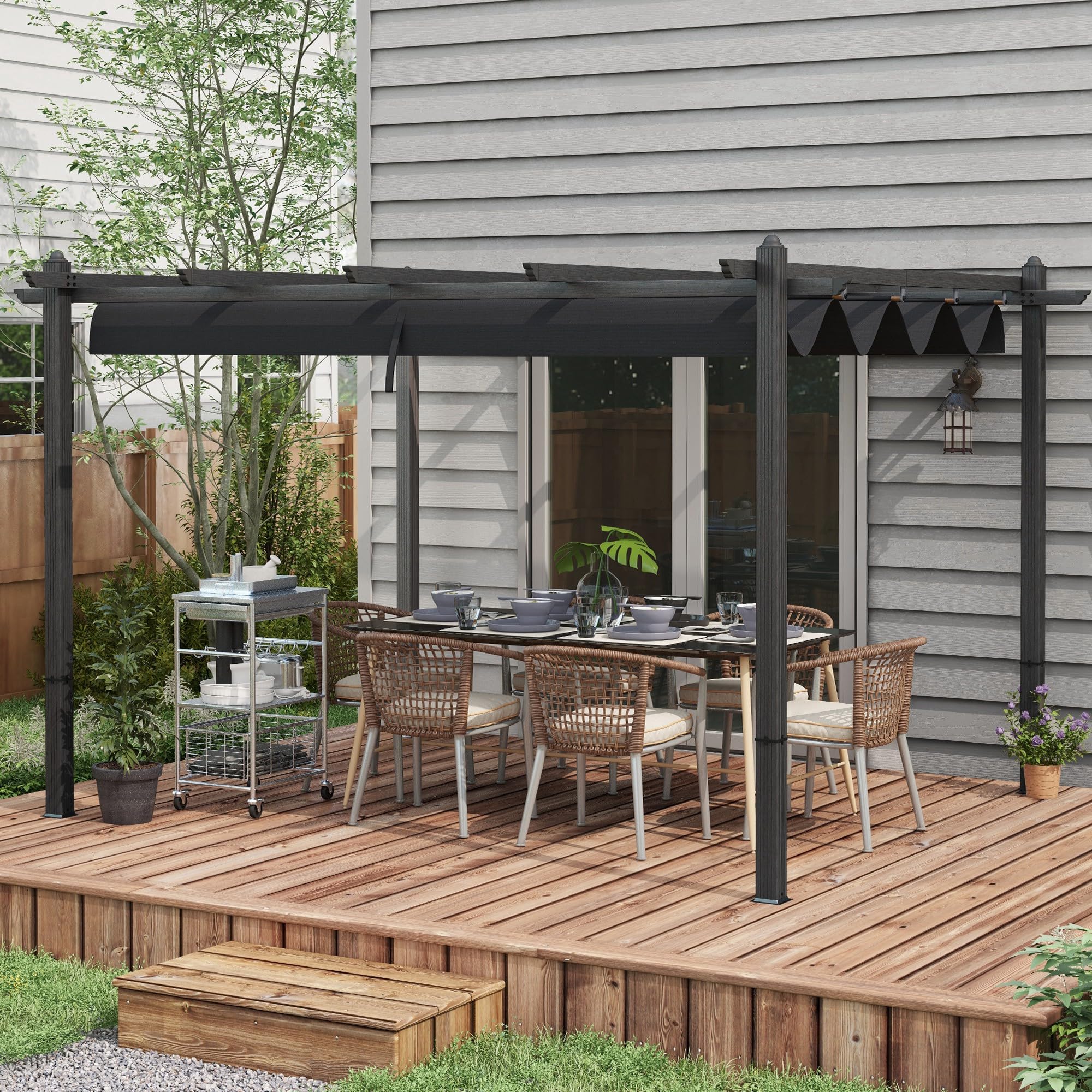 Outsunny 10' x 12' Retractable Pergola Canopy with Wood Grain Aluminum Frame - Outdoor Sun Shade Shelter for Patio, Deck, Backyard, Garden | Perfect for BBQ Grill Area, Outdoor Dining & Relaxation
