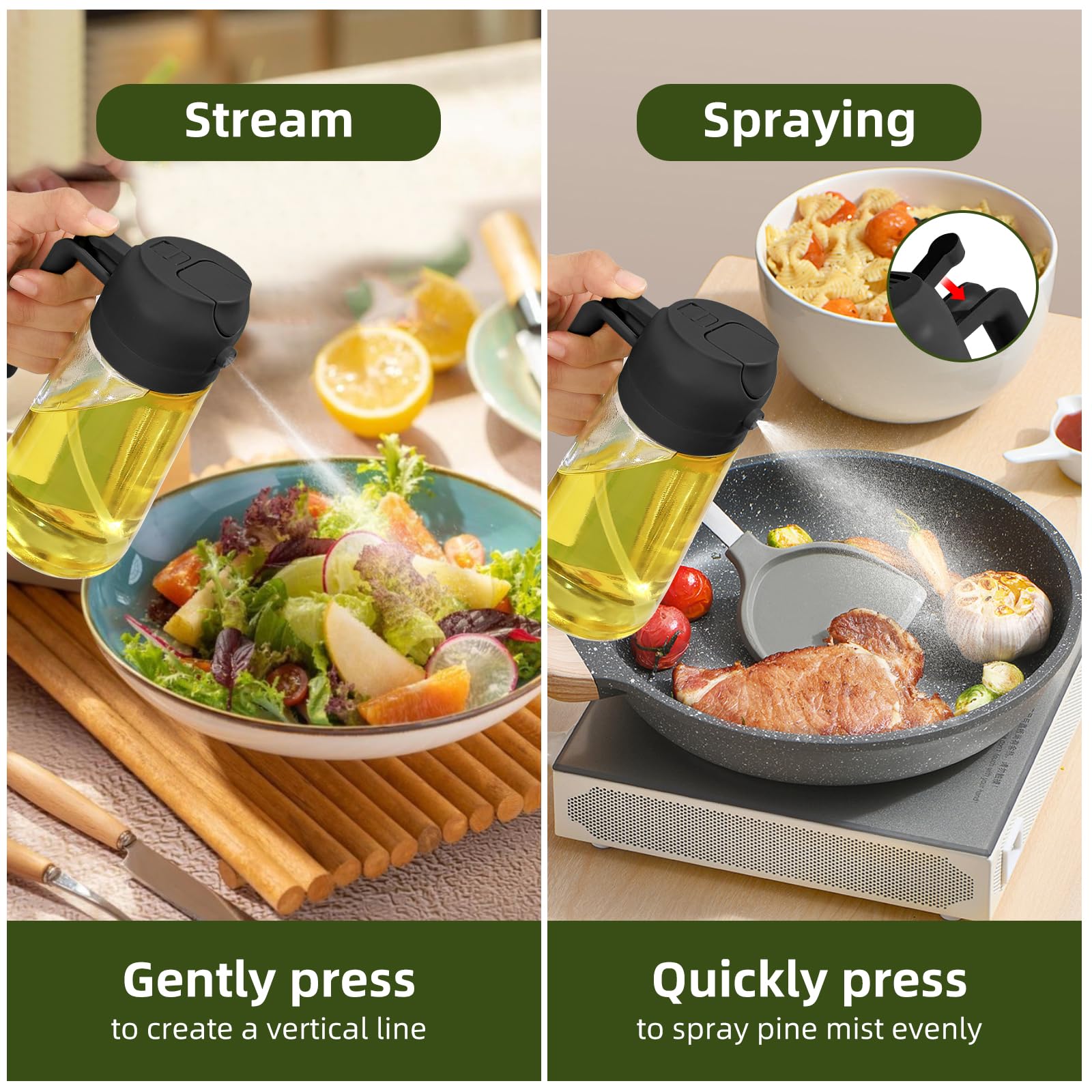 2 in 1 Olive Oil Sprayer & Dispenser Bottle with Brush - 16oz/470ml Kitchen Oil Sprayer for Cooking, Air Fryer, BBQ, Salad Dressing - Perfect for Healthy Cooking & Grilling (Black)