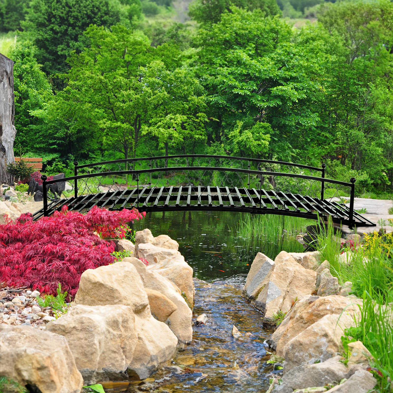8 FT Metal Garden Bridge - Heavy Duty Arc Footbridge with Side Rails for Outdoor, Patio, Creek, Stream, Pond - Perfect for Landscaping, Backyard Decor & Water Features (Black)