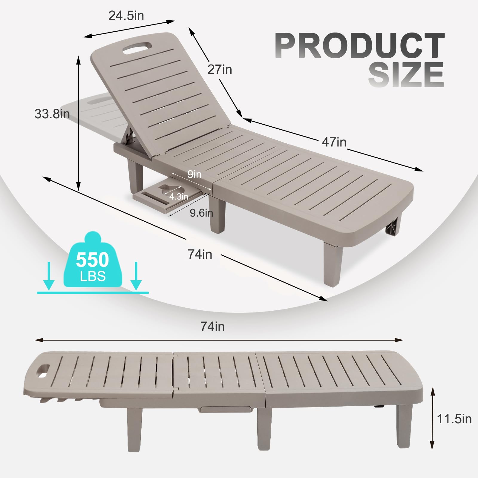 **Outdoor Chaise Lounge Chair - Waterproof Resin Adjustable 5-Position Sun Lounger with Cup Holder for Patio, Poolside, Beach & Yard - All-Weather Grey (1PCS) - Perfect for Relaxing, Sunbathing & Lounging**