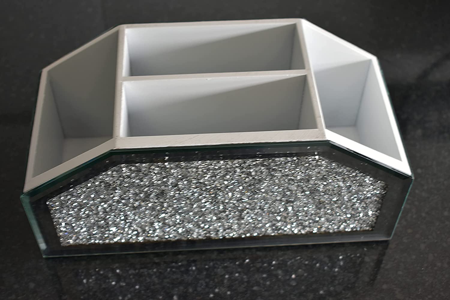 Crystal Glamour Beauty Box - Makeup Brush Holder & Organizer with Crushed Diamond Jewel Mirror, 26x12x12cm - Perfect for Vanity, Travel & Makeup Storage