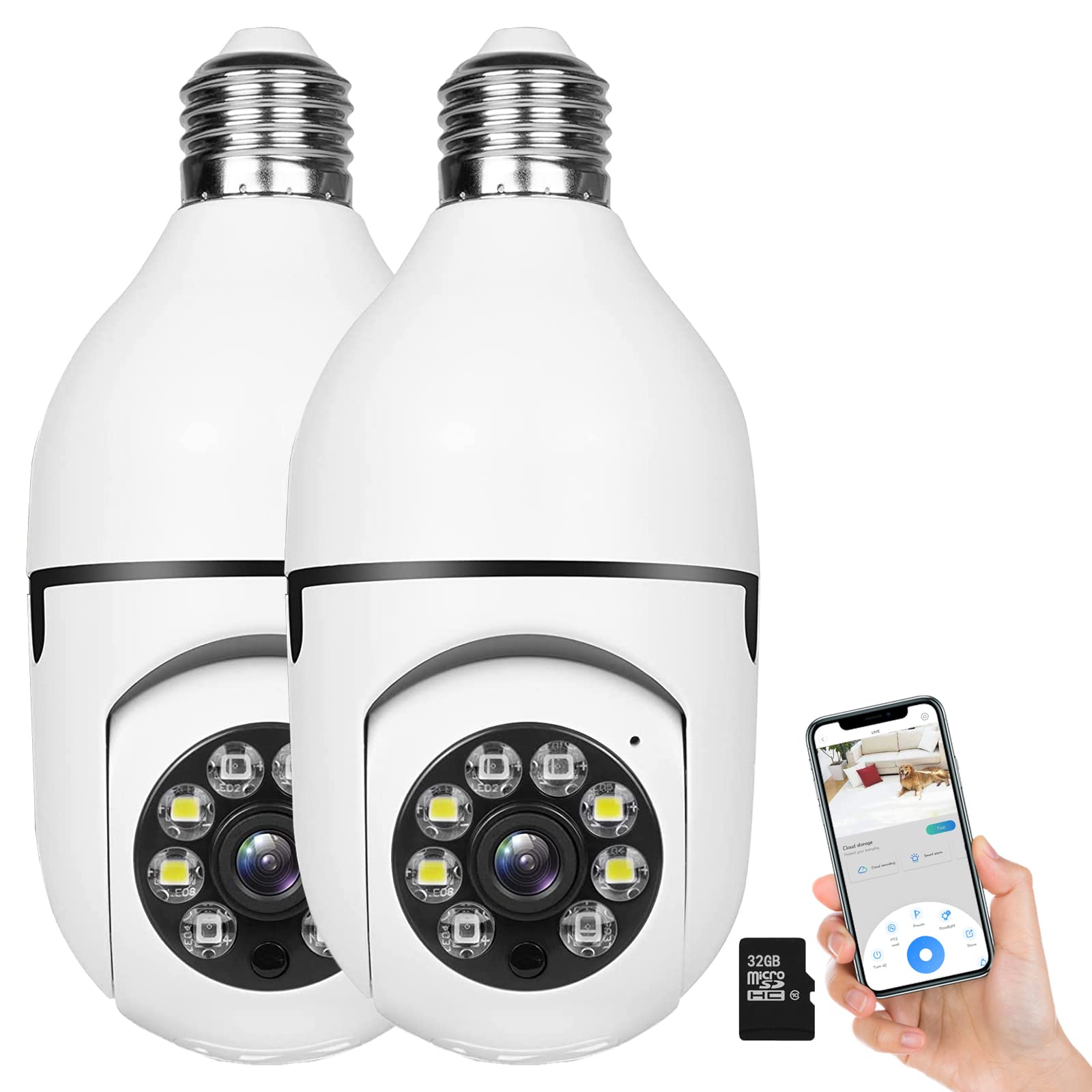 360° Full HD 1080P WiFi Light Bulb Security Camera with Night Vision & Motion Detection - 2.4GHz Wireless Dome Surveillance Camera with 32GB SD Card (2 Pack) - Ideal for Home Security, Baby Monitoring & Pet Watching