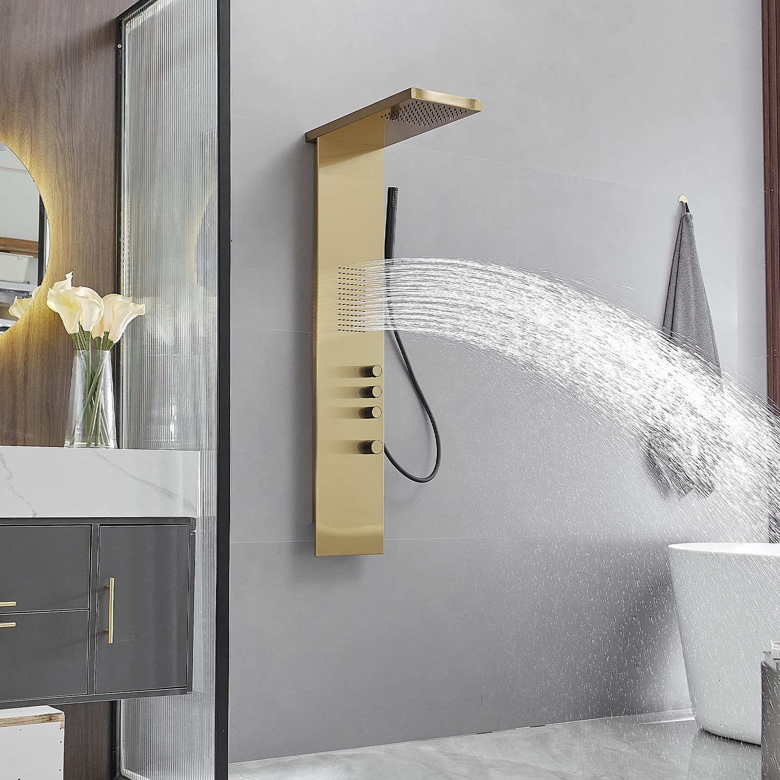 Premium Stainless Steel Shower Tower System with Rainfall Shower Head, Hand Shower & Body Jets - Brushed Gold Finish | Luxury Bathroom Upgrade for Spa-Like Experience