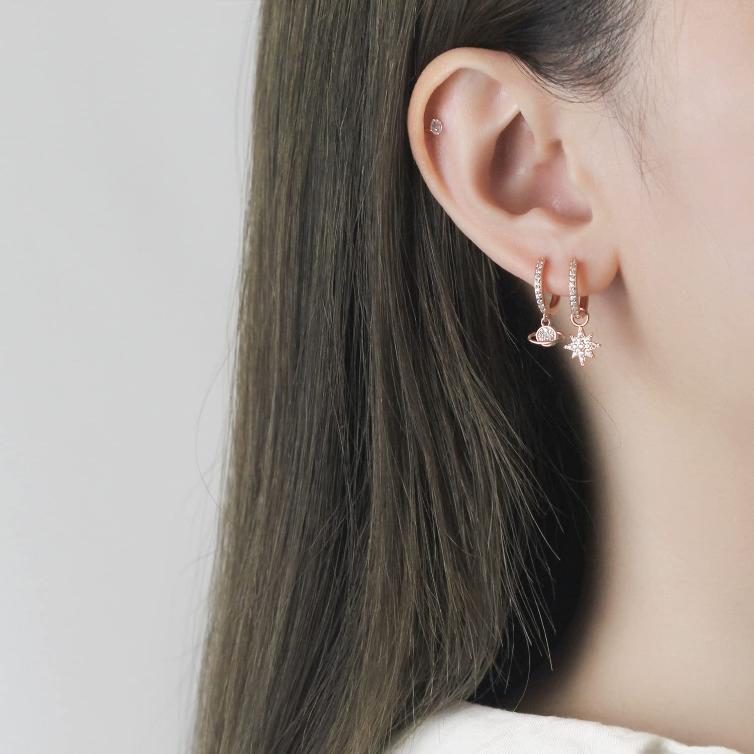 Small Hoop Dangle Drop Earrings for Women - Rose Gold Star & Planet Stud Earrings Set with Diamond & Pearl Accents | Perfect for Multiple Piercings, Everyday Wear & Special Occasions