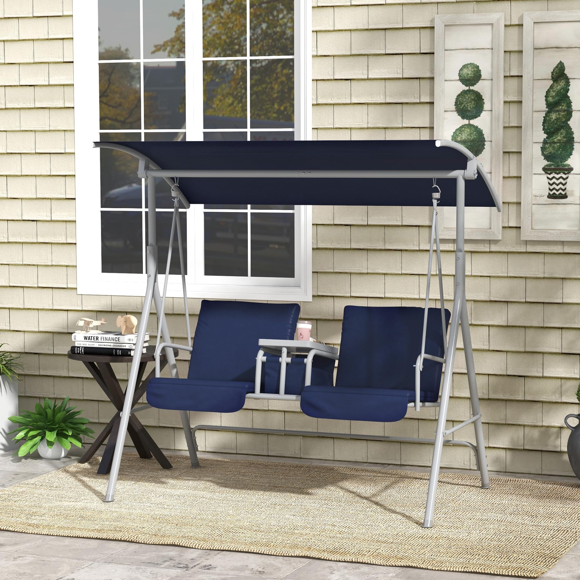 Outsunny 2-Person Outdoor Porch Swing with Stand & Canopy - Patio Swing with Pivot Storage Table, 2 Cup Holders & Cushions - Dark Blue - Perfect for Backyard Relaxation, Garden Lounging & Outdoor Conversations