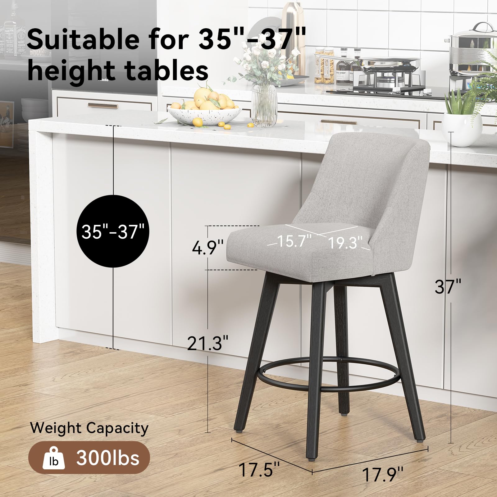 26 Inch Counter Height Swivel Bar Stools Set of 4 with Footrest - Linen Fabric Upholstered Barstools with Back Support & Solid Wood Legs - Perfect for Kitchen Island, Dining Room, Pub or Home Bar - Light Grey Modern Seating