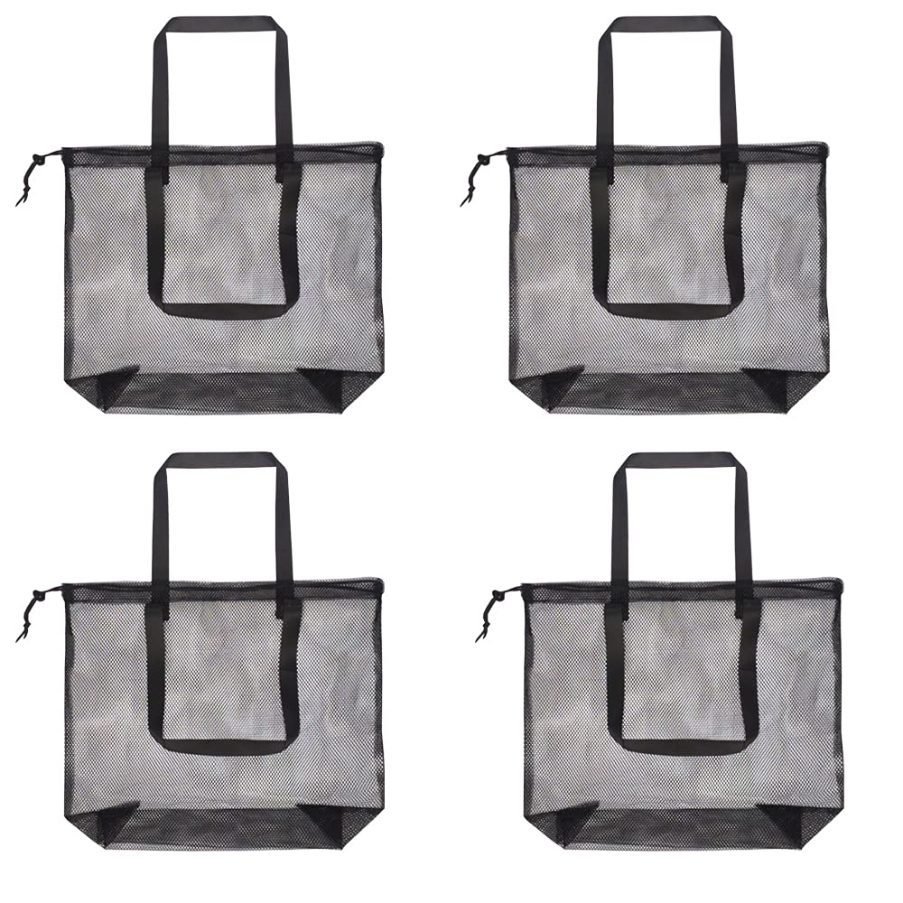 4 Pack Mesh Tote Bags - Reusable Drawstring Shopping Bags for Beach, Grocery, Travel, Picnic & Shower Toiletries - Breathable Mesh Storage Bags with Handles (Black) - Perfect for Shopping, Beach Trips & Organizing Essentials