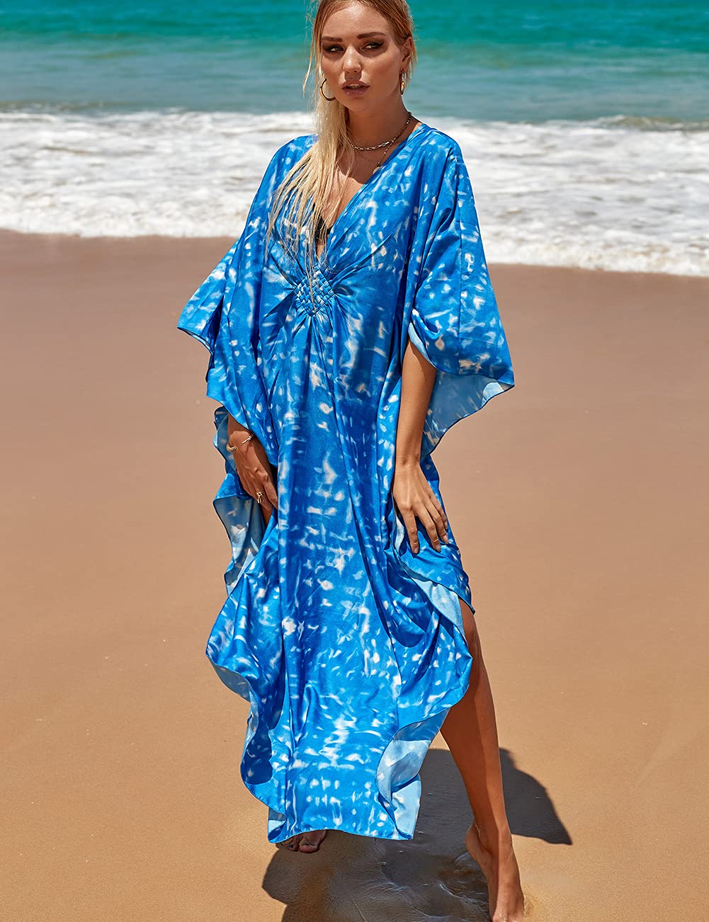 Bsubseach Women's Plus Size Kaftan Dress 2025 - V Neck Swimsuit Cover Up, Beach Caftan & Loungewear in Blue Print | Perfect for Poolside, Vacation & Summer Relaxation