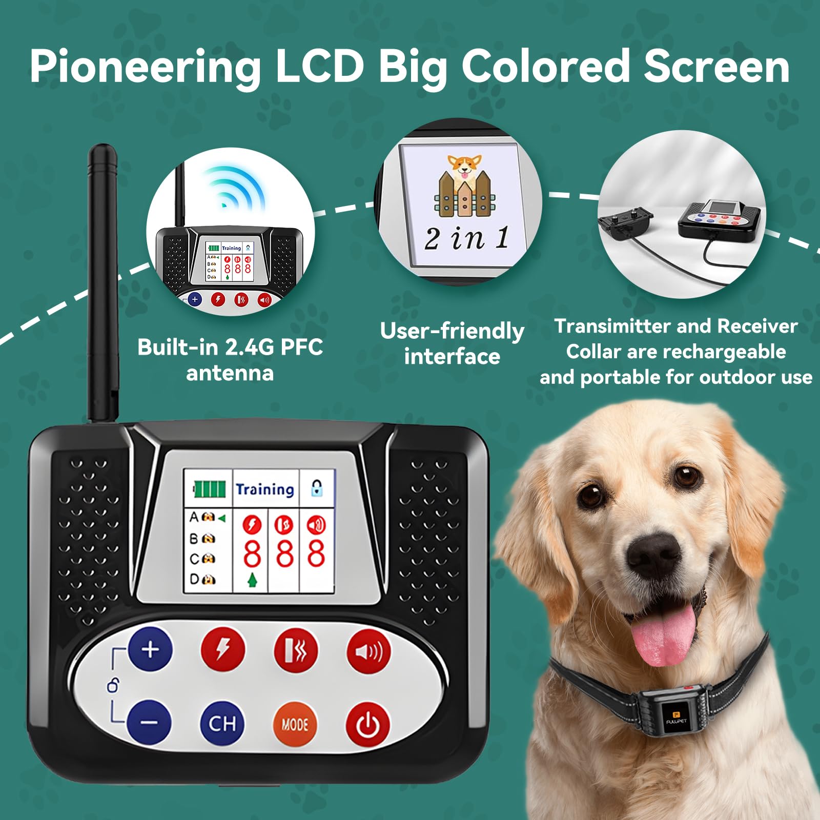 **2-in-1 Wireless Dog Fence System with Remote Training Collar – Electric Fence for Dogs, IPX6 Waterproof, Outdoor Yard Use for Safe Pet Containment & Training**    *(Use Case: Perfect for training and safely containing dogs in yards, gardens, or open outdoor spaces.)*
