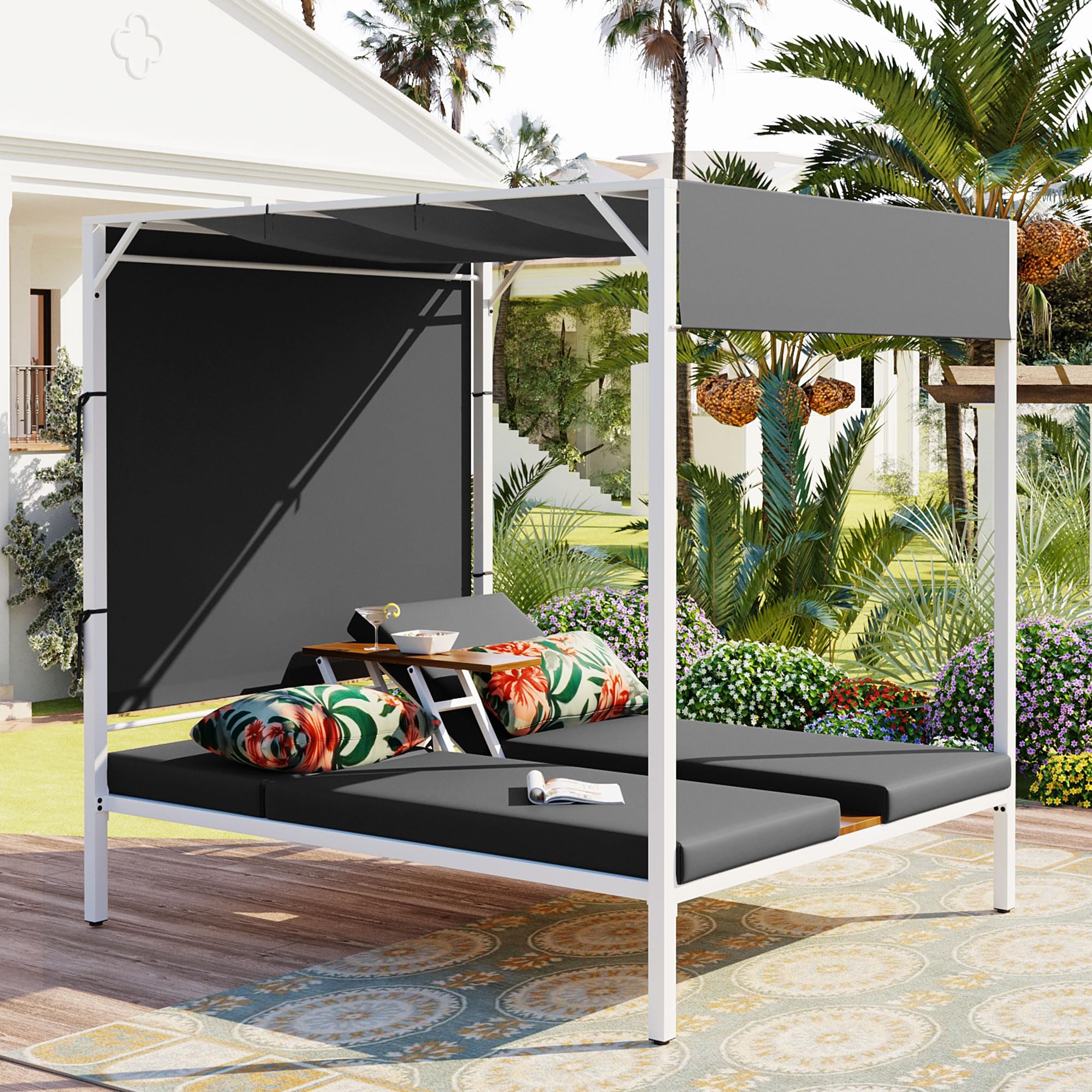 Merax Outdoor Patio Daybed with Canopy - 2-Person Adjustable Sun Lounger with Soft Cushions & Throw Pillows, Grey - Perfect for Poolside, Garden, or Backyard Relaxation
