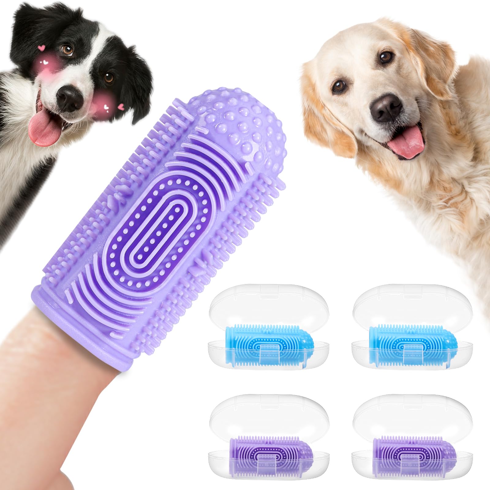 4-Pack Dog Toothbrush Kit with Finger Brush - Puppy Dental Care for Teeth Cleaning & Oral Hygiene - Perfect for Small, Medium & Large Dogs at Home or Travel