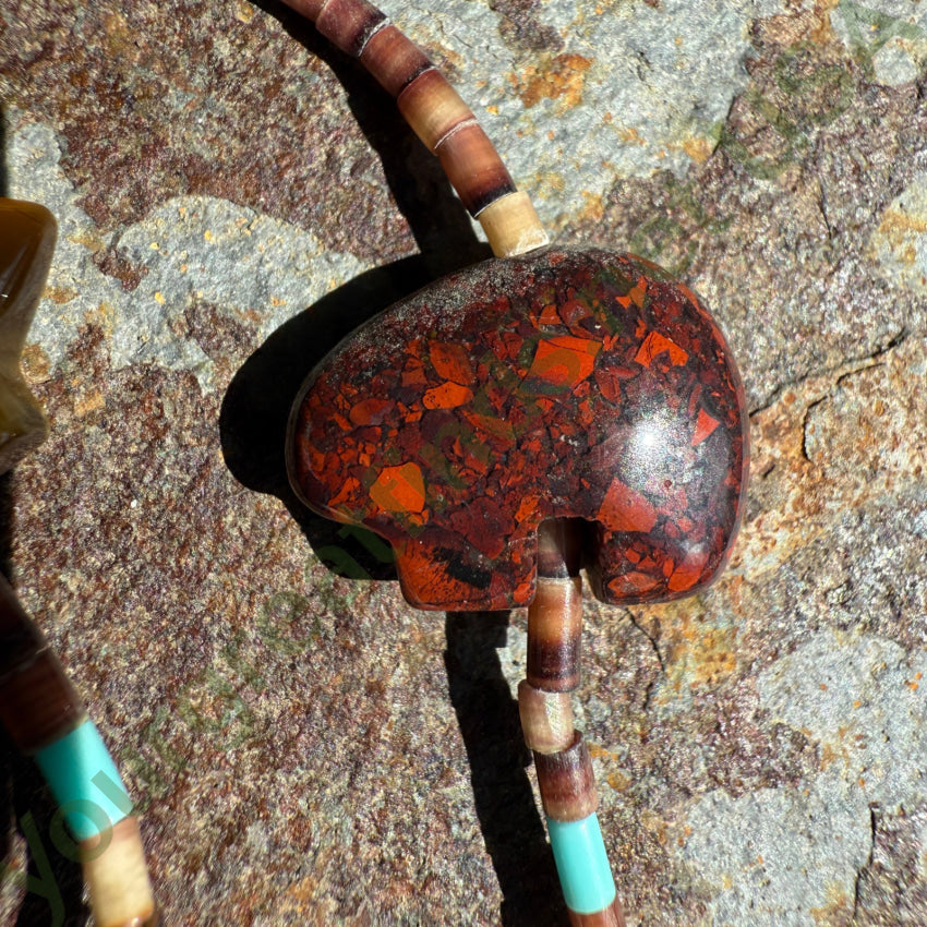 Authentic Vintage Zuni Bear Fetish Necklace with Natural Gemstone Heishi Beads | Native American Jewelry for Spiritual Protection & Style | Perfect for Ceremonies, Gifts & Boho Fashion