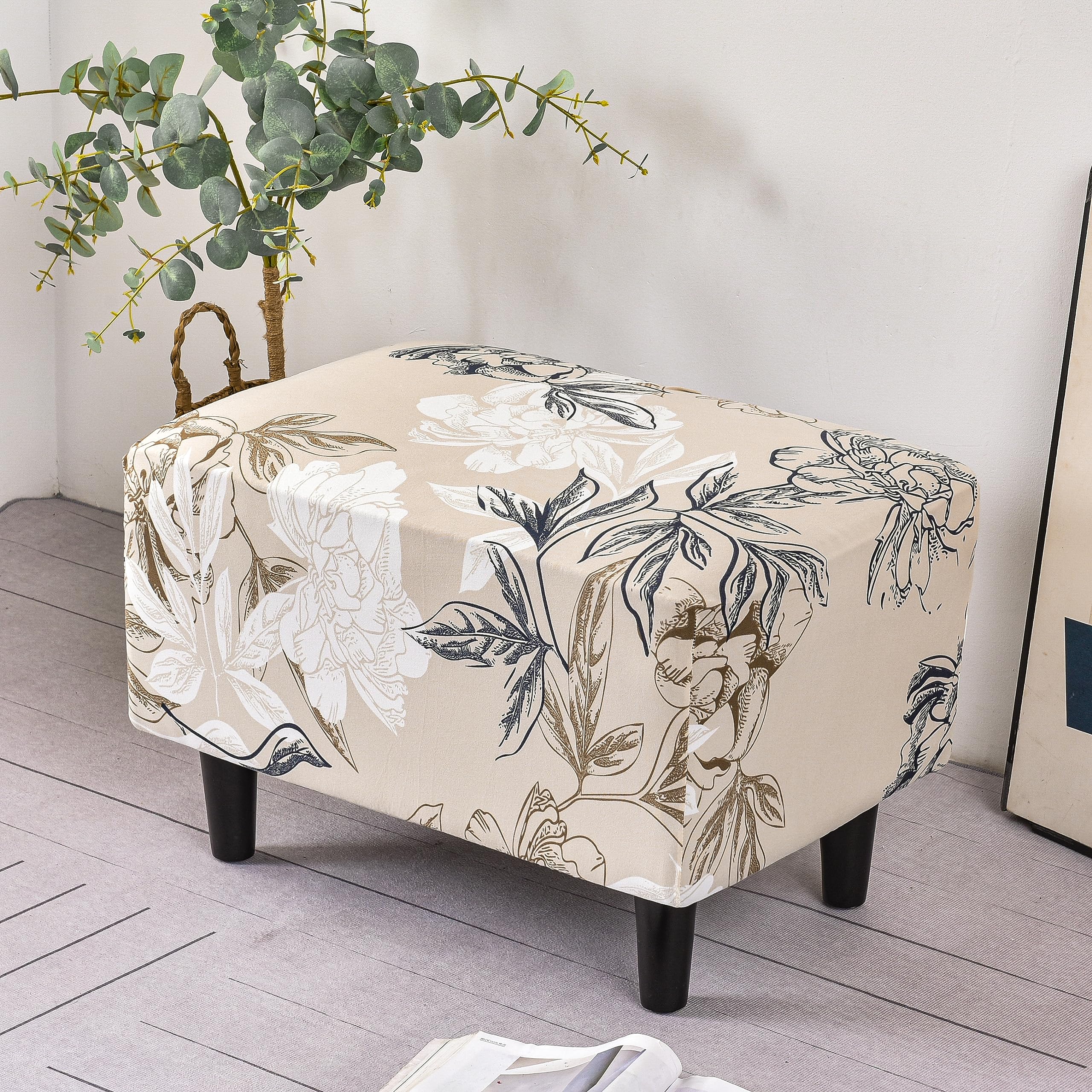 Stretch Ottoman Slipcover with Non-Slip Elastic Bottom - Rectangular Storage Footrest Stool Cover, Durable Chair Covers for Living Room, Bedroom & Office Furniture Protection