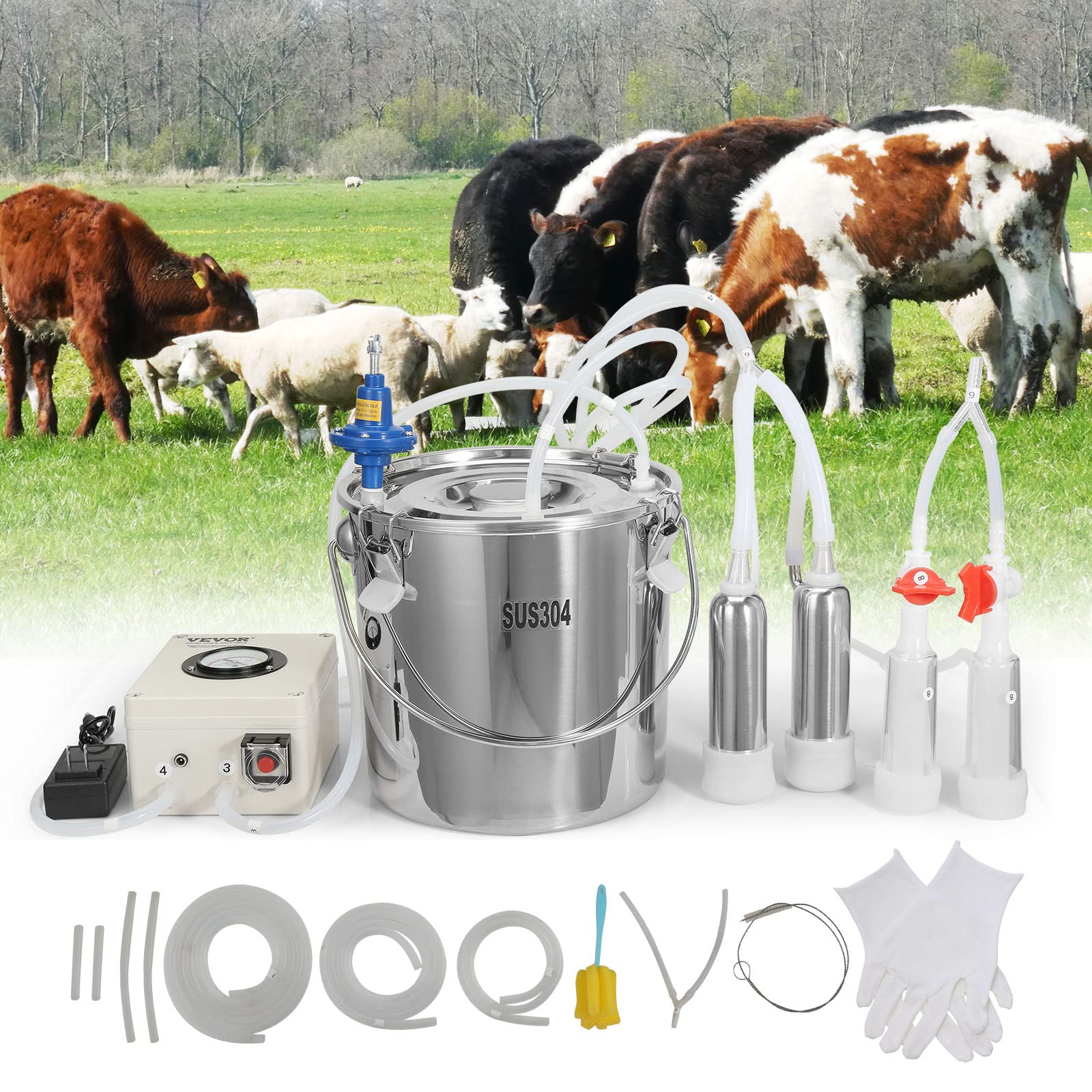VEVOR Electric Goat Milking Machine - 12L 304 Stainless Steel Bucket with Automatic Pulsation Vacuum System | Portable Milker with Food-Grade Silicone Cups & Tubes | Adjustable Suction for Cows, Sheep & Goats | Perfect for Small Farms, Homesteads & Dairy Production