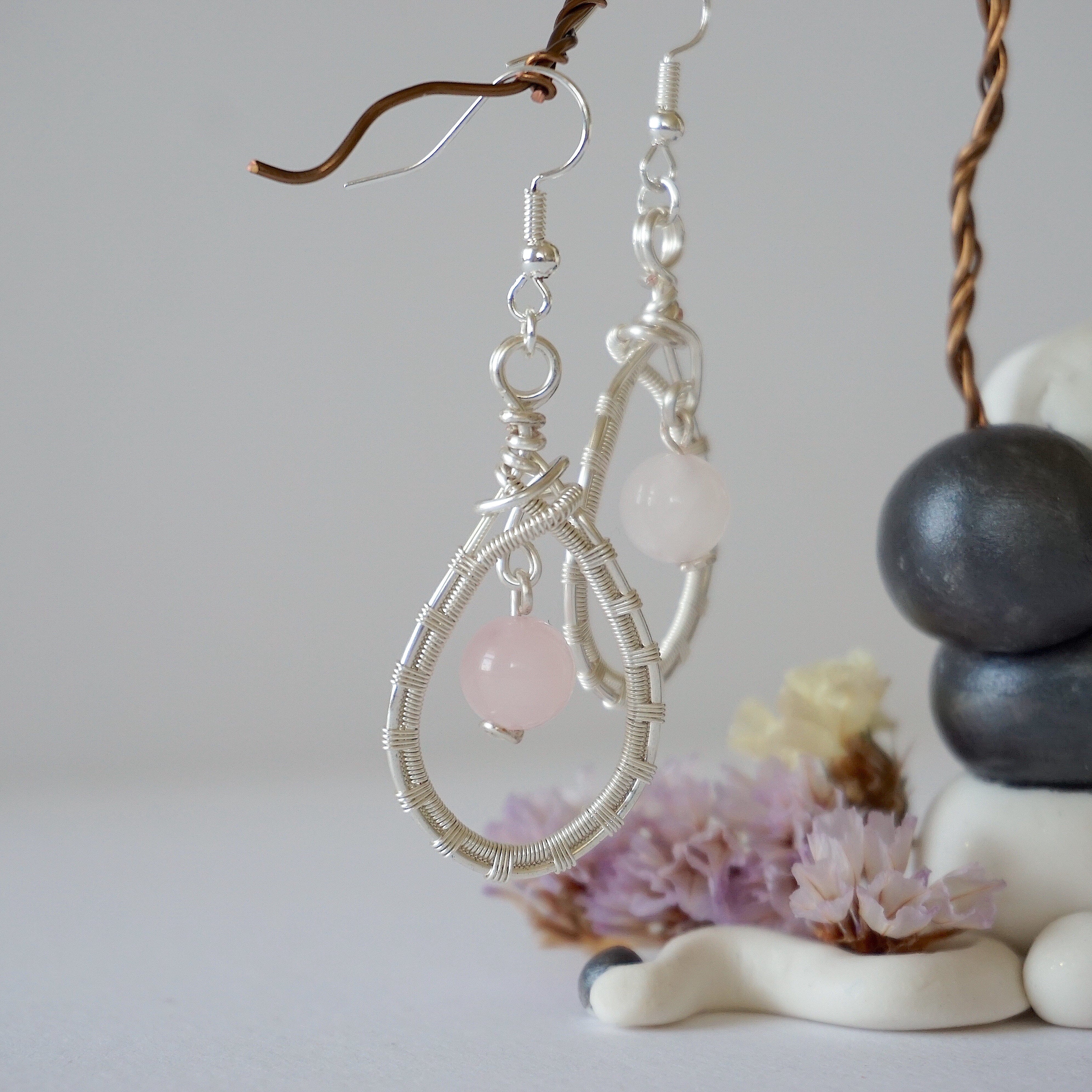 Rose Quartz Round Wire Earrings - Silver Plated Dangle Earrings for Women, Healing Crystal Jewelry Gift for Her | Boho Chic, Meditation, Yoga, Everyday Wear