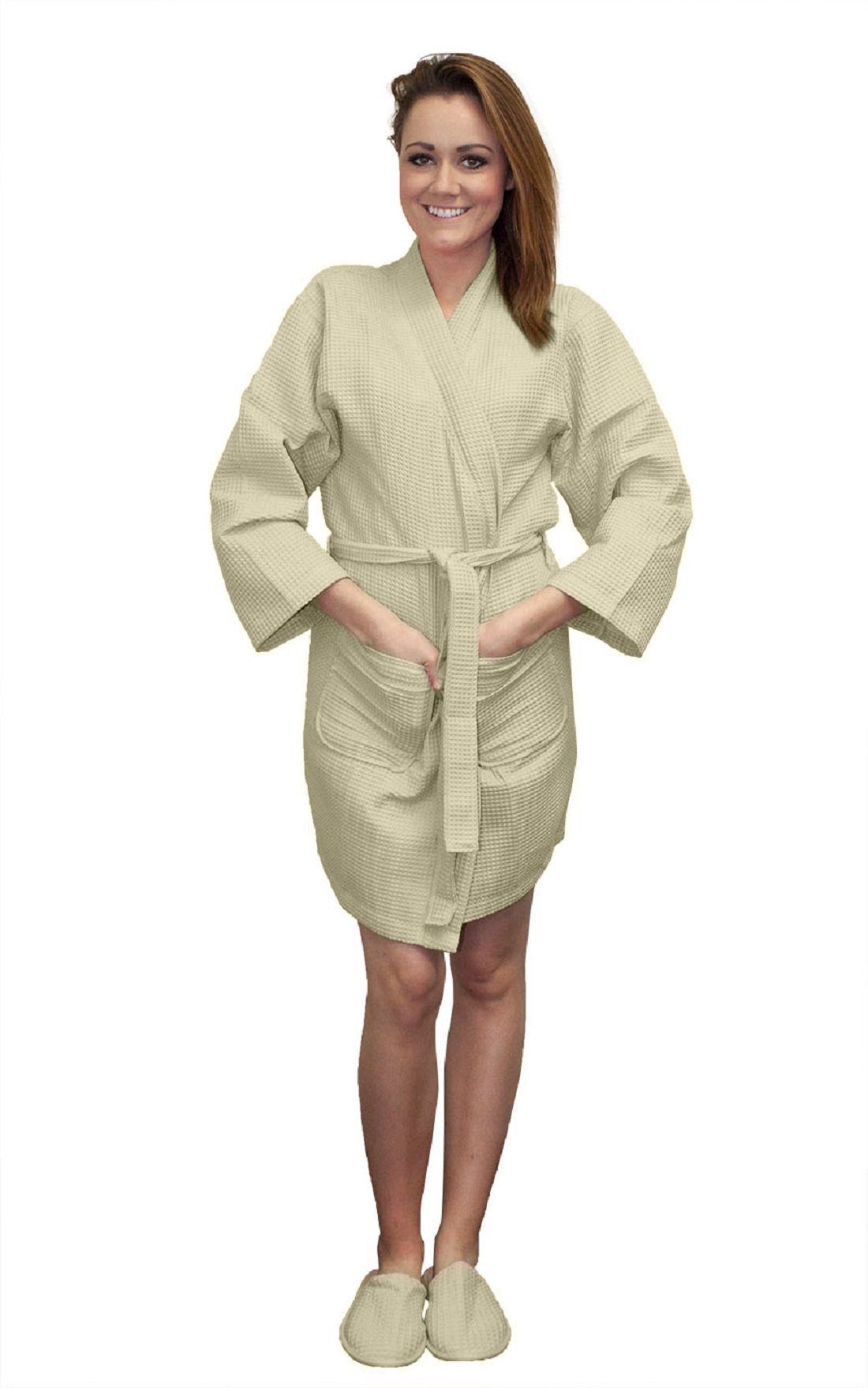 Women's Thigh-Length Waffle Kimono Robe - Soft Waffle Weave Spa Bathrobe for Relaxation, Lounging & Home Comfort