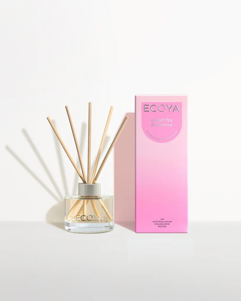Ecoya Mini Reed Diffuser 50ml - Sweet Pea & Jasmine Fragrance Oil | Aromatherapy Home Scent Diffuser for Bedroom, Bathroom & Office | Long-Lasting Natural Essential Oil Air Freshener Gift Set